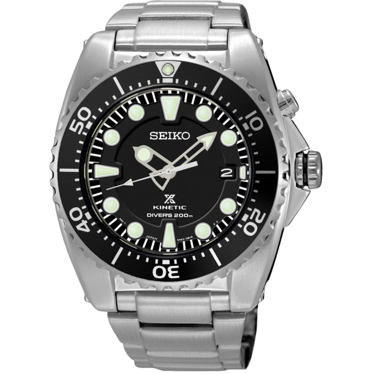 Stainless steel diver's watch with black dial, luminous markers, and date at 2