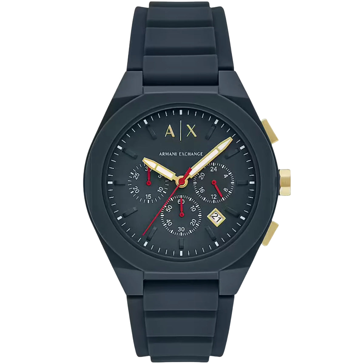 Men's chronograph watch with blue dial, gold-tone hands, silicone strap, date window