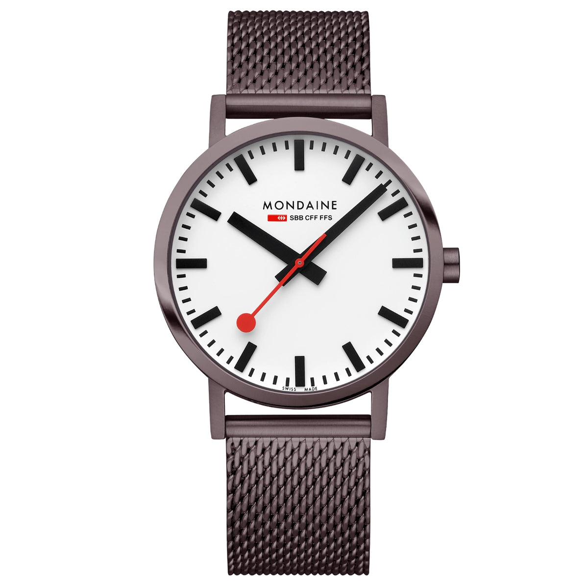 Mondaine Classic A660.30360.1BSBZ minimalist wristwatch front view highlighting white dial and red second hand