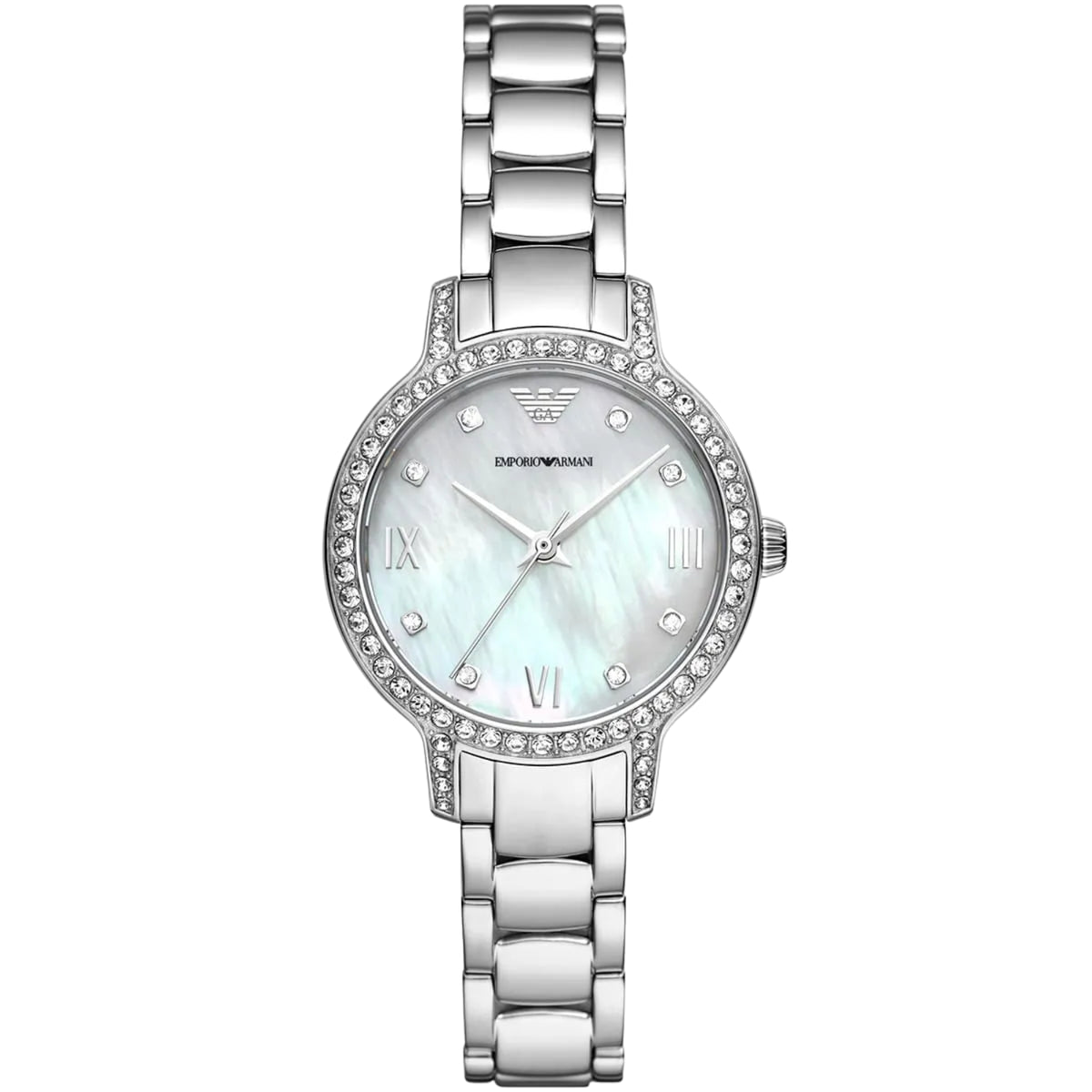 Stainless steel ladies watch with crystal bezel, mother-of-pearl dial, Roman numeral markers