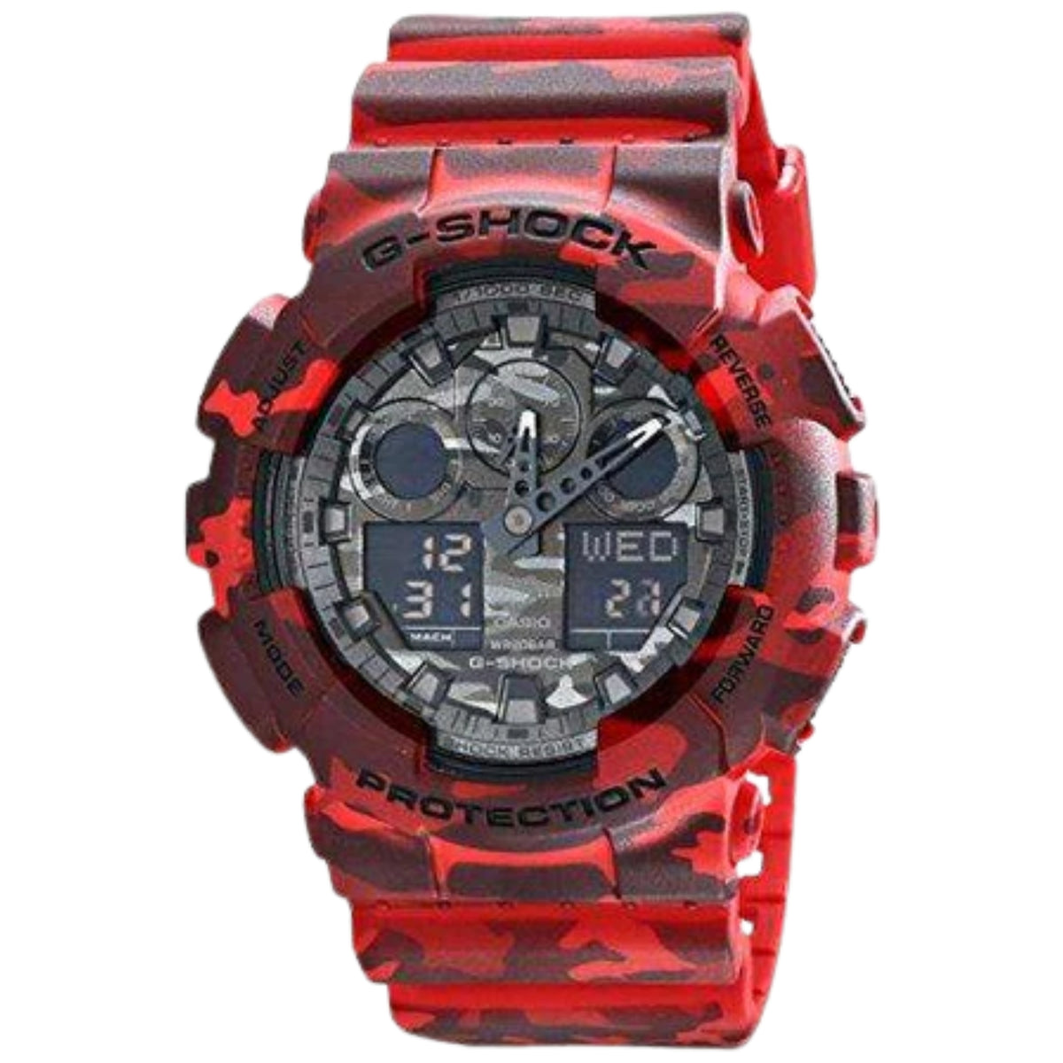 Red camouflage G-Shock wristwatch with rugged round case and digital display