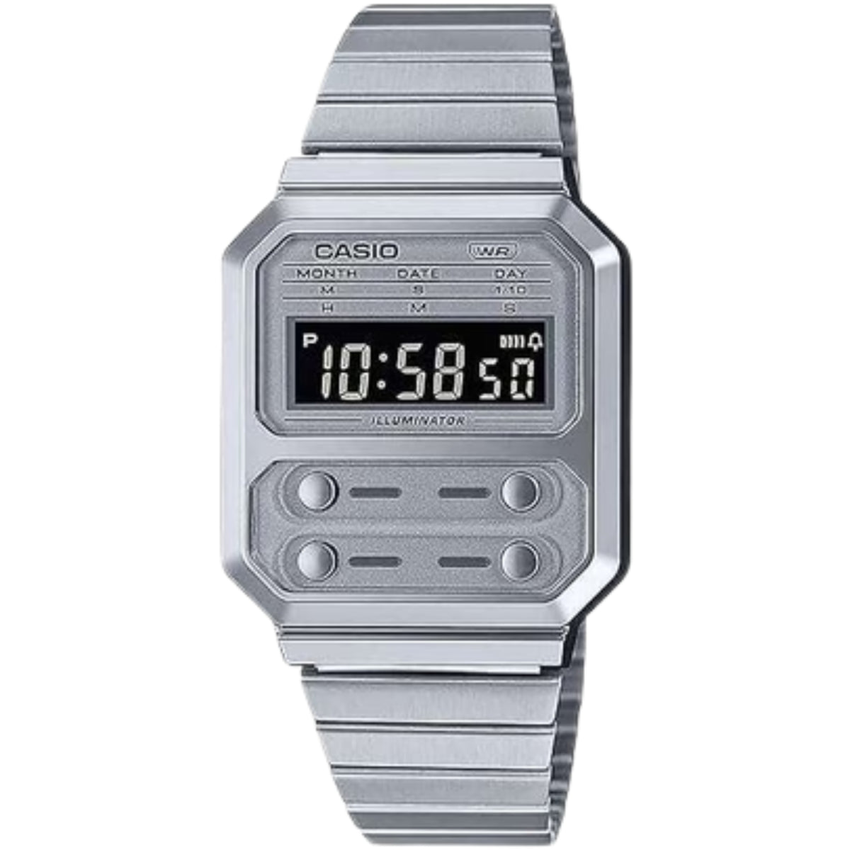 Casio stainless steel digital watch with dark LCD display and metal bracelet
