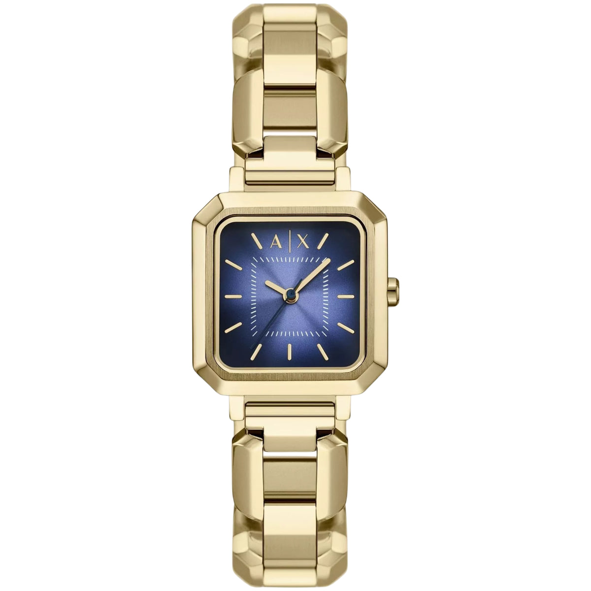 Gold-tone ladies quartz watch with blue square dial and A|X hands
