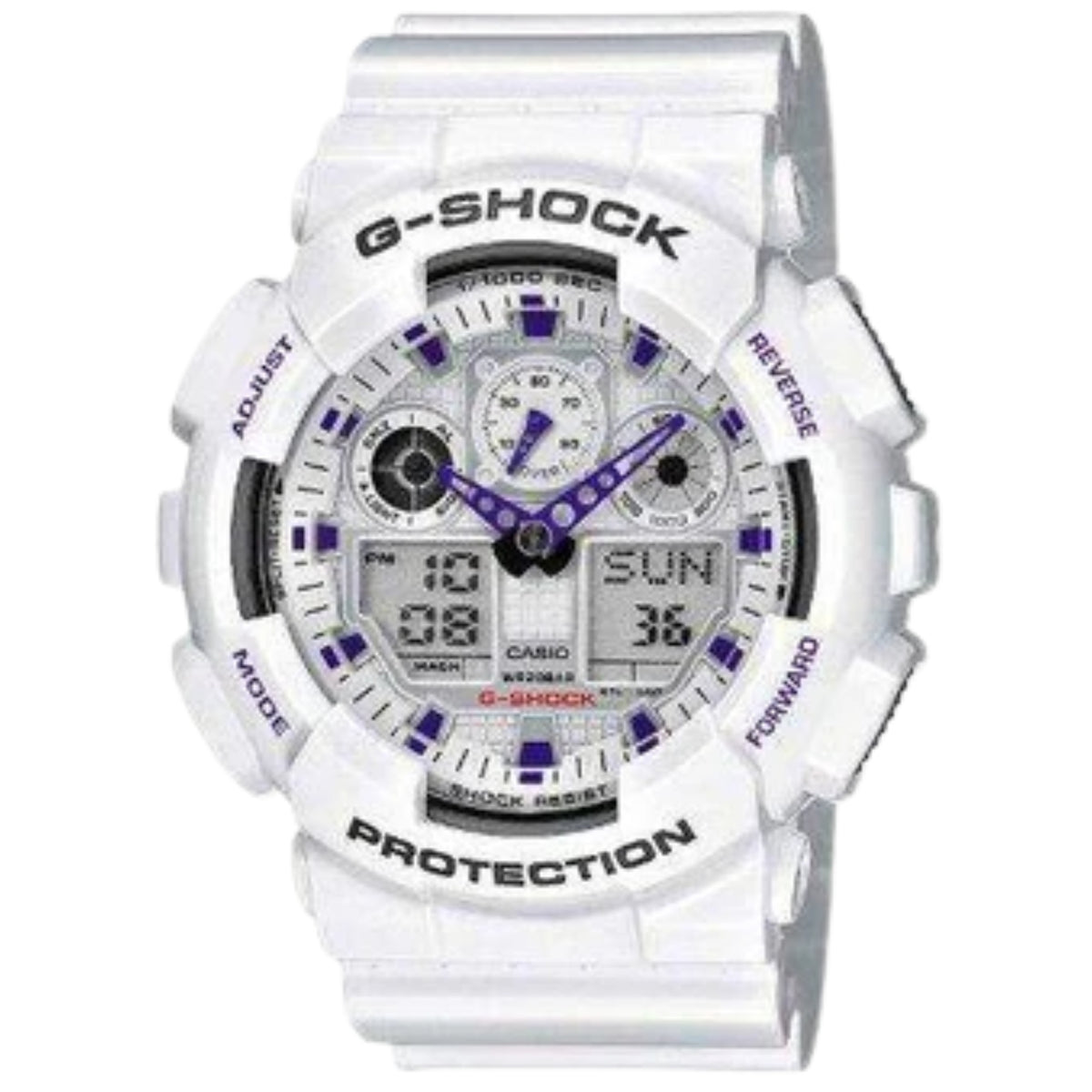 White resin G-SHOCK sports watch with white dial, analog/digital display, purple accents