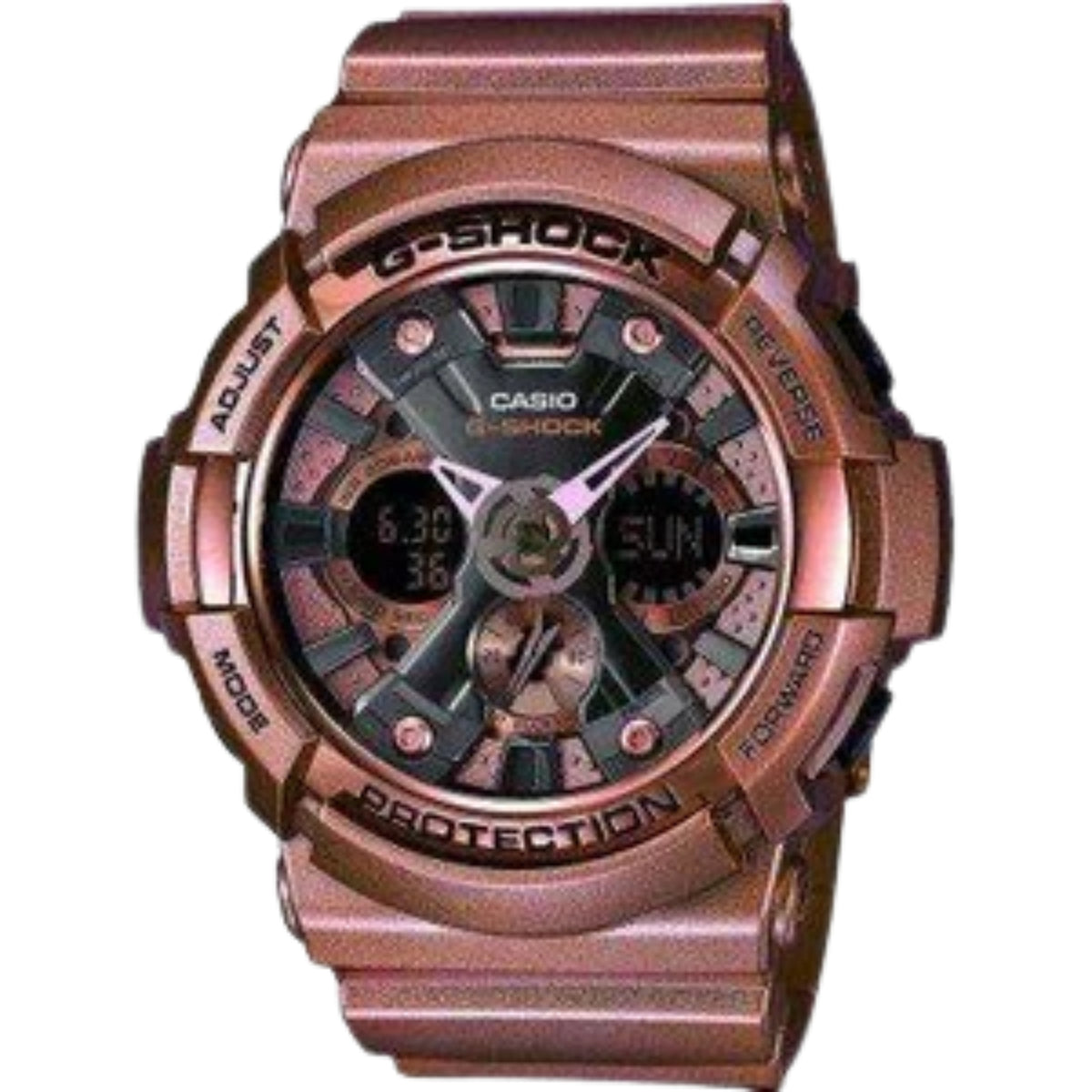 Men's G-Shock wristwatch with rose-gold case, brown resin strap, dark multi-dial face