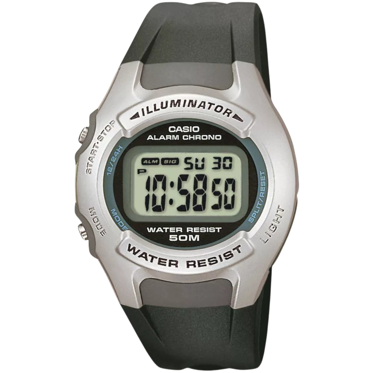 Casio digital wristwatch with dark gray resin strap and square LCD display, water resist 50M