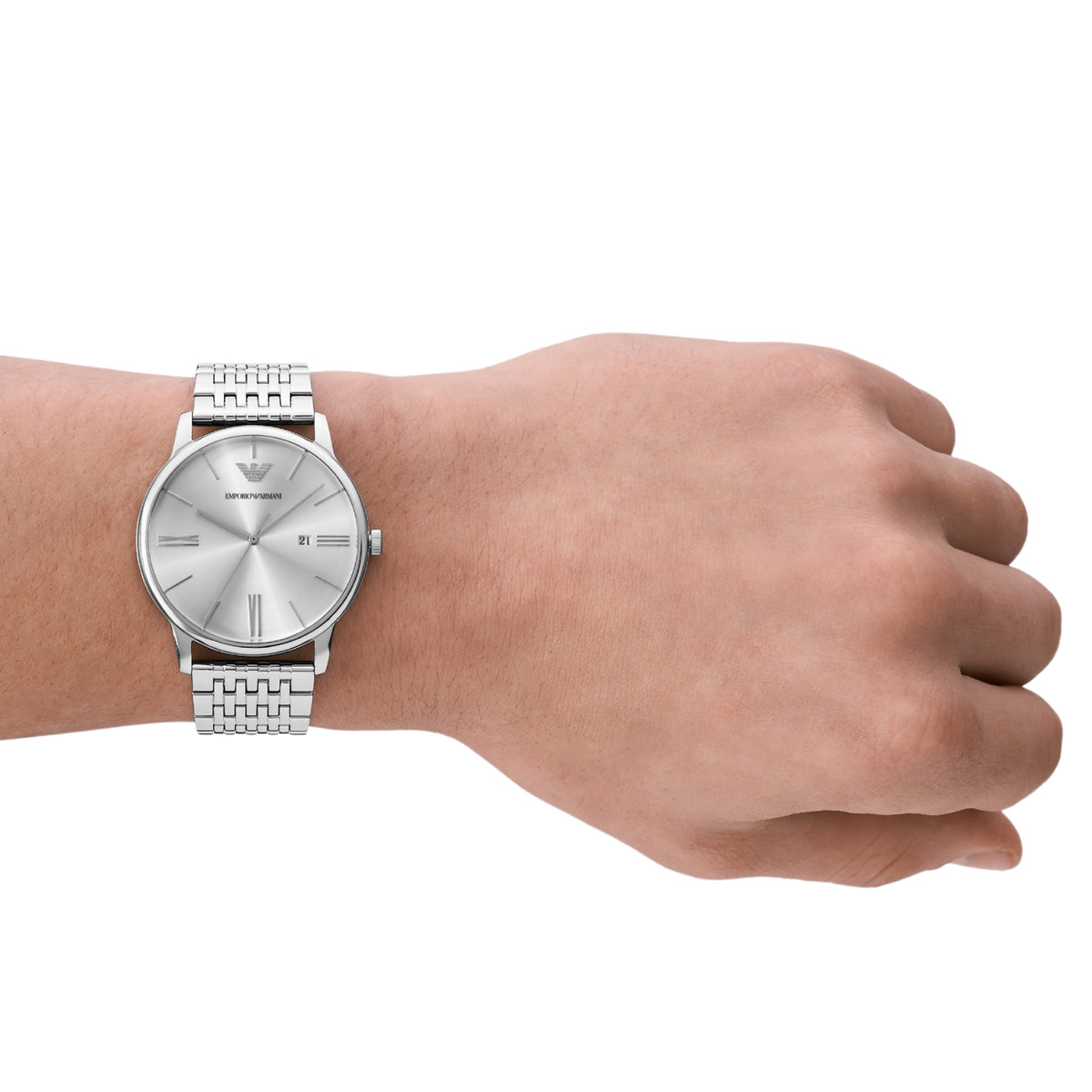 Emporio Armani Minimalist AR11599 lifestyle shot showing 42mm silver dial mens watch worn on wrist