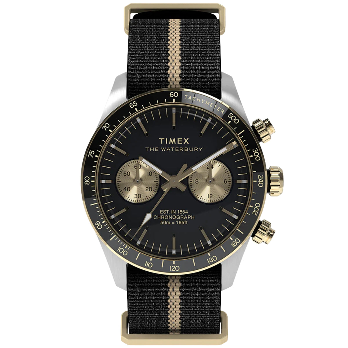 Timex Waterbury 39mm chronograph watch with black dial and black-and-tan fabric strap