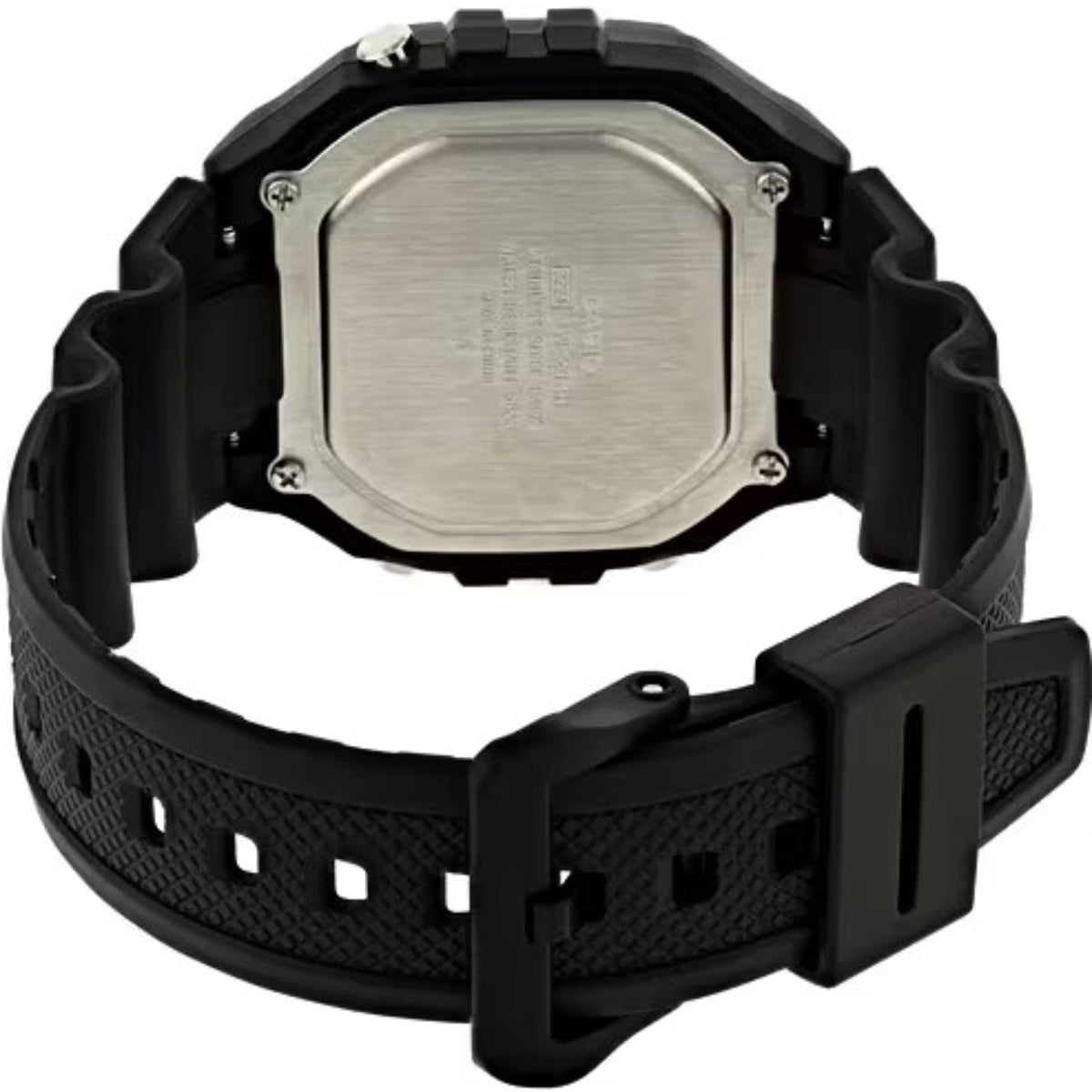 Black Casio resin men's wristwatch, round backplate with four screws