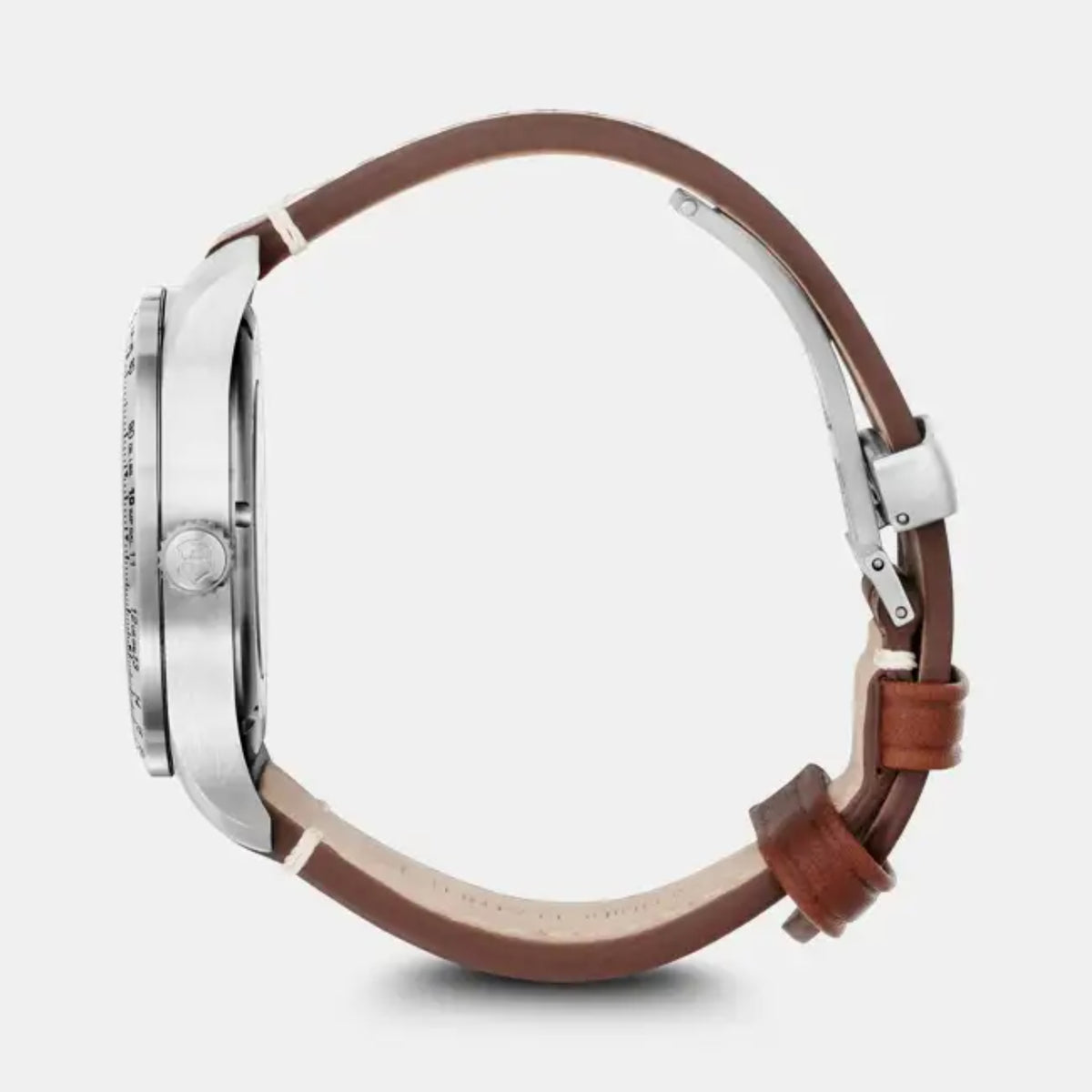 Victorinox automatic wristwatch side profile with crown and brown leather strap