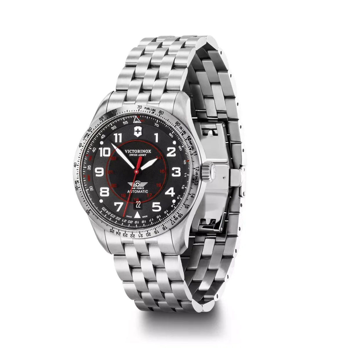Men's steel automatic watch, black dial with red accents, stainless link bracelet