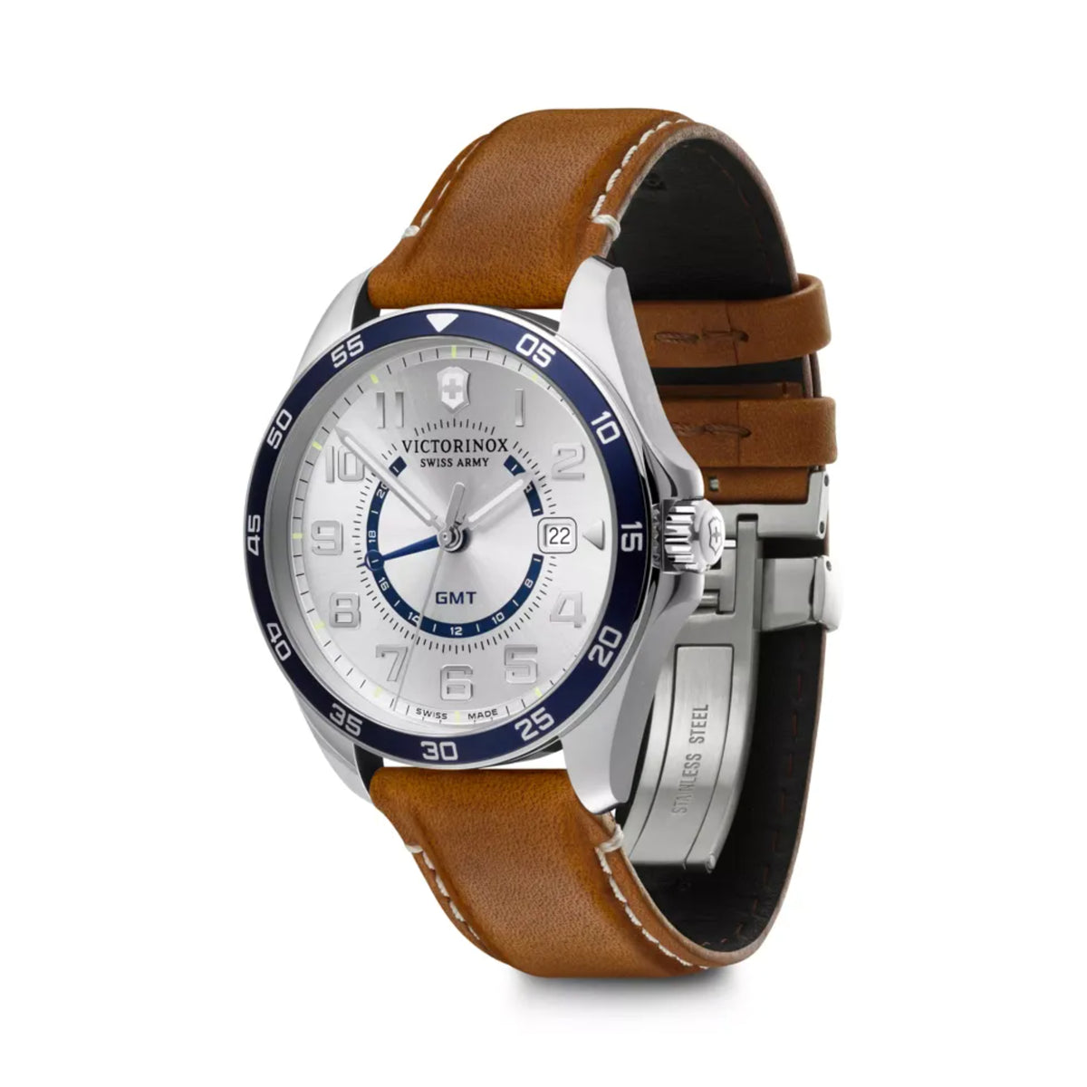 Men's quartz wristwatch with silver case, brown leather strap, blue GMT subdial