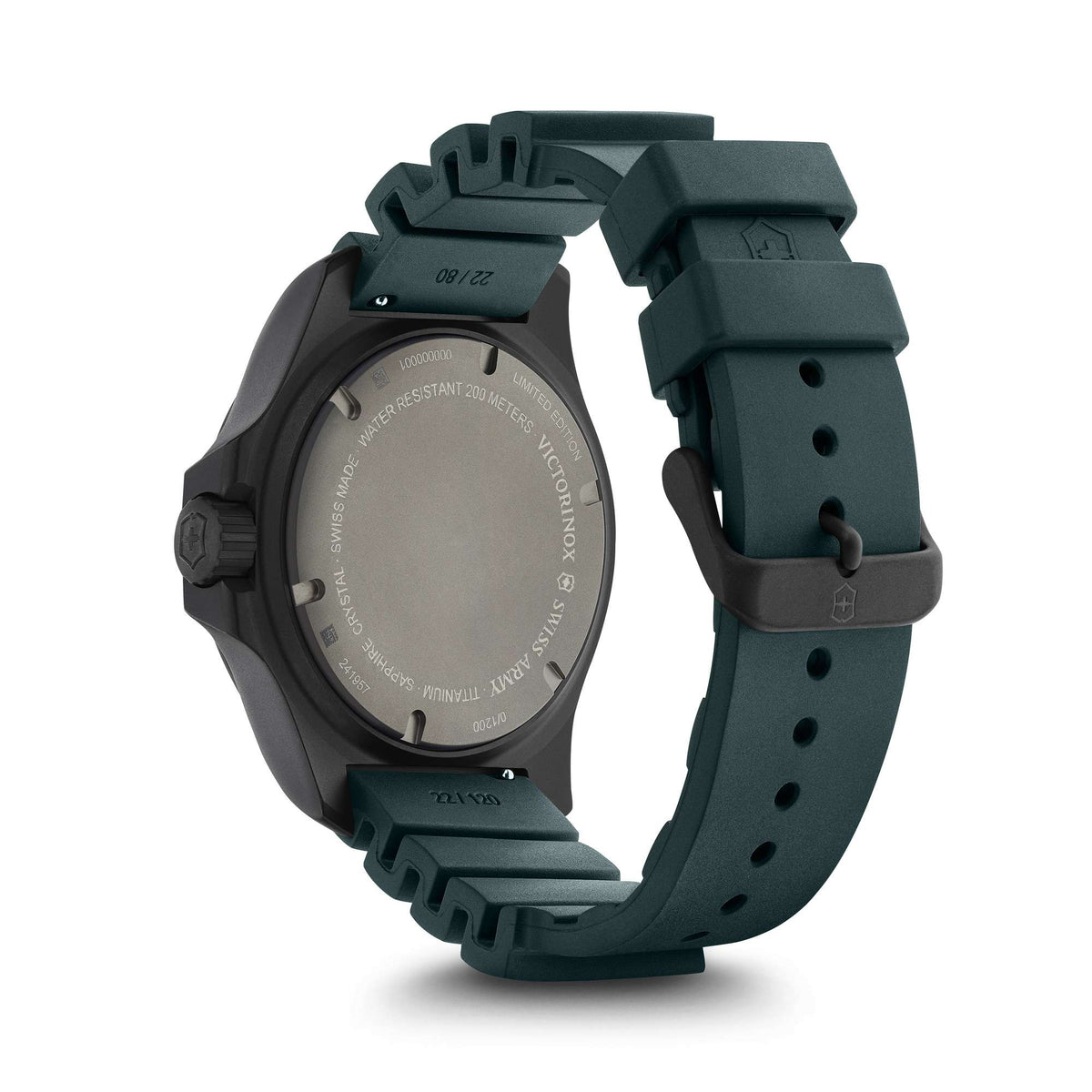 Men's dive watch back view with stamped case and dark teal rubber strap