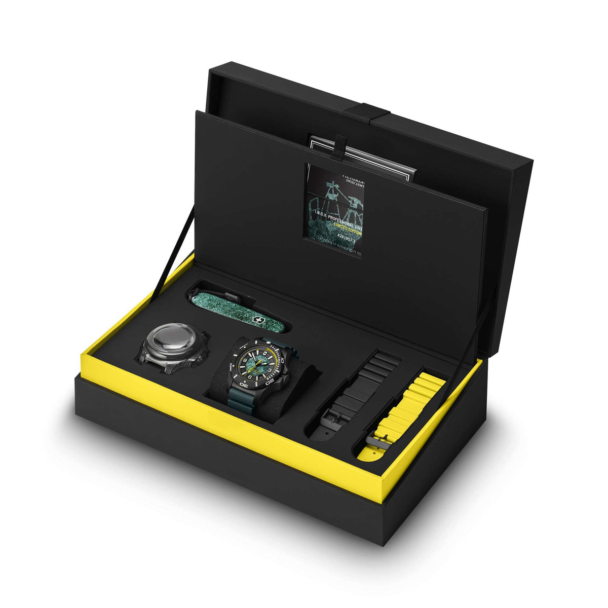 Men's dive watch set in presentation box with watch, cushion, and accessories