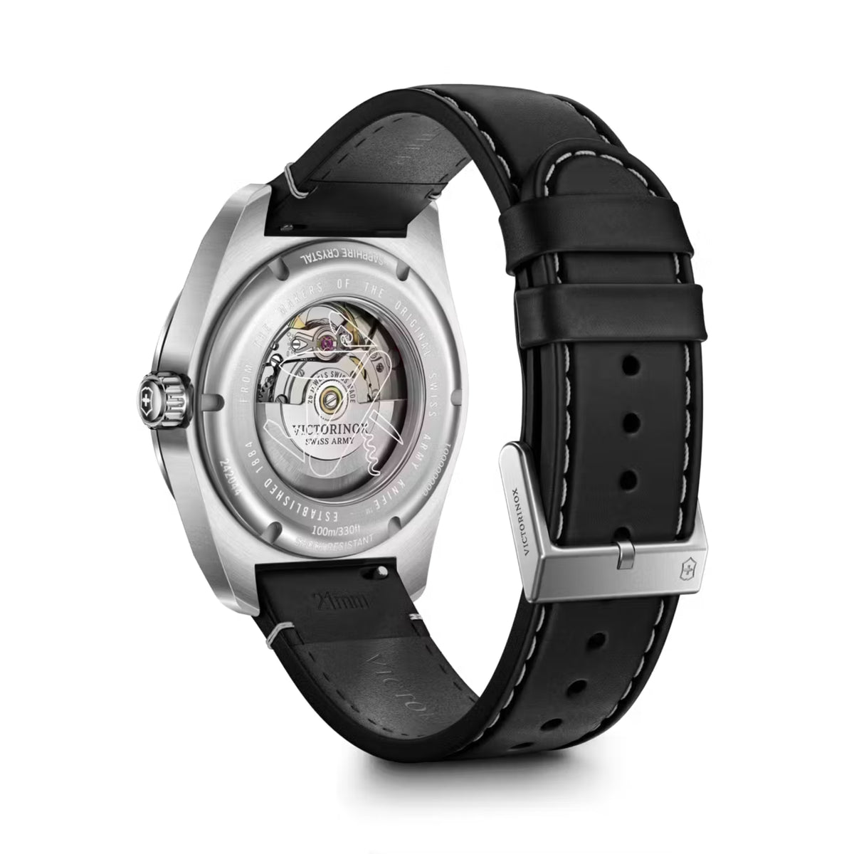 Victorinox Swiss Army watch with open caseback showing movement, black leather strap