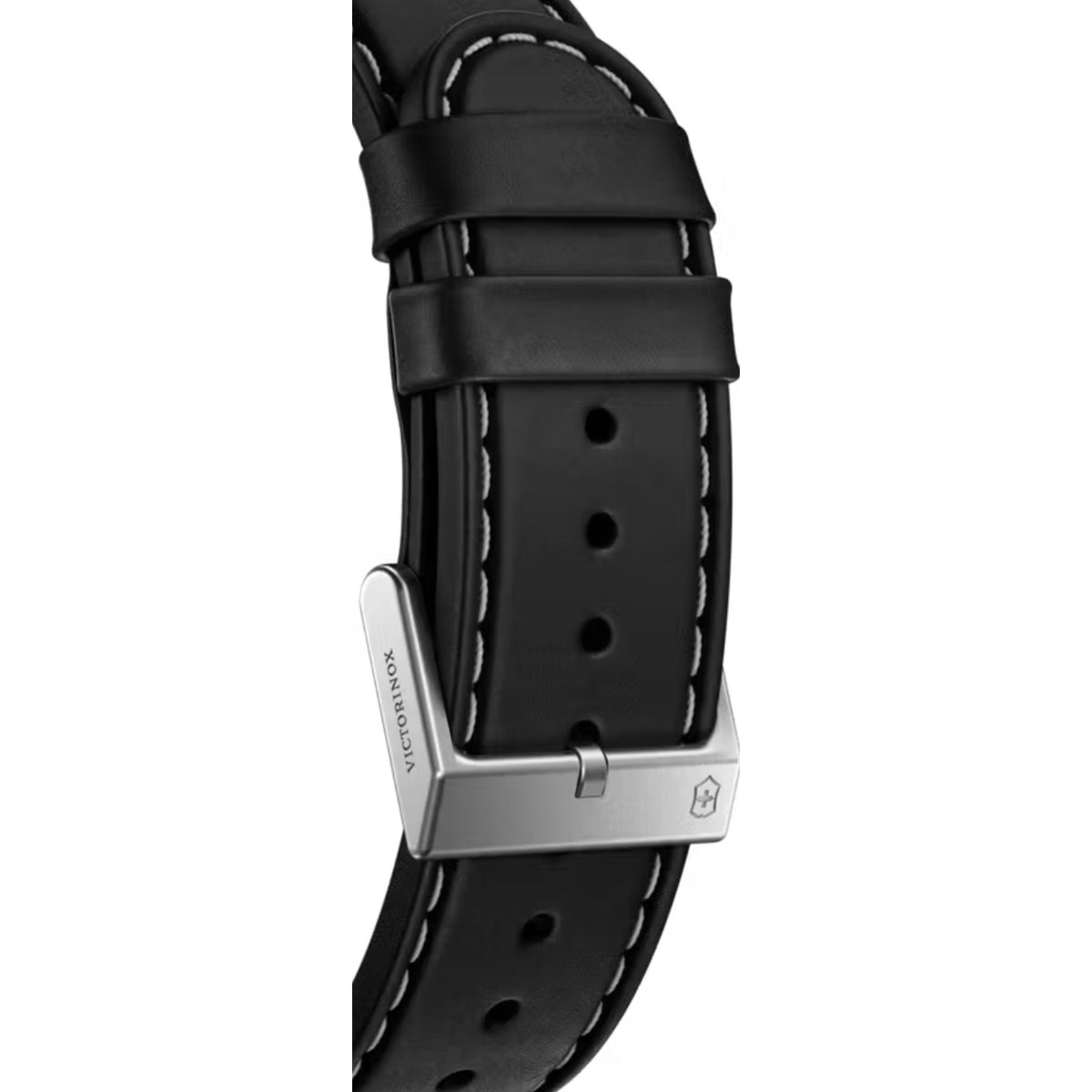 Men's Victorinox automatic watch with black leather strap, silver case, side view