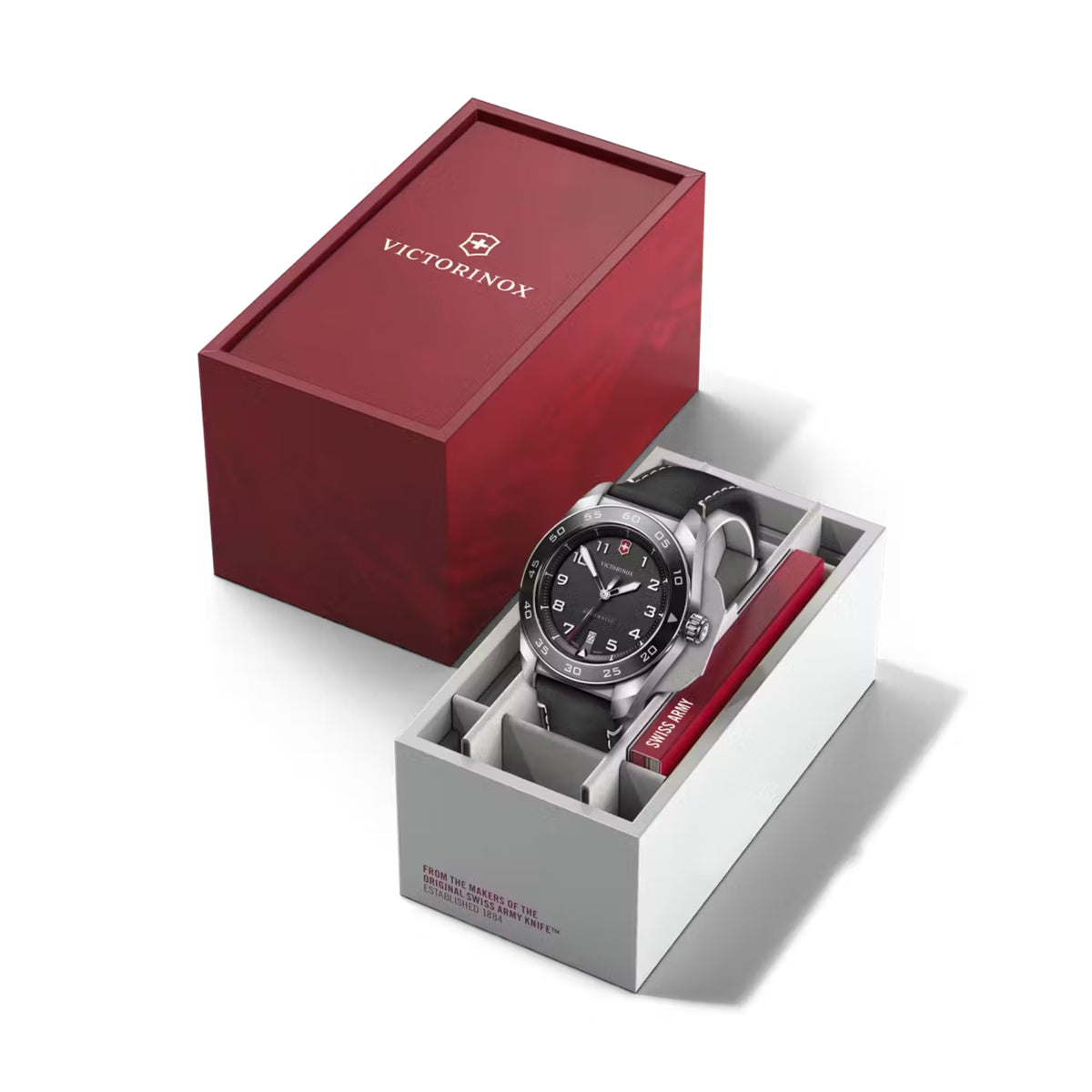 Men's Victorinox automatic watch in gift box, black dial, black leather strap