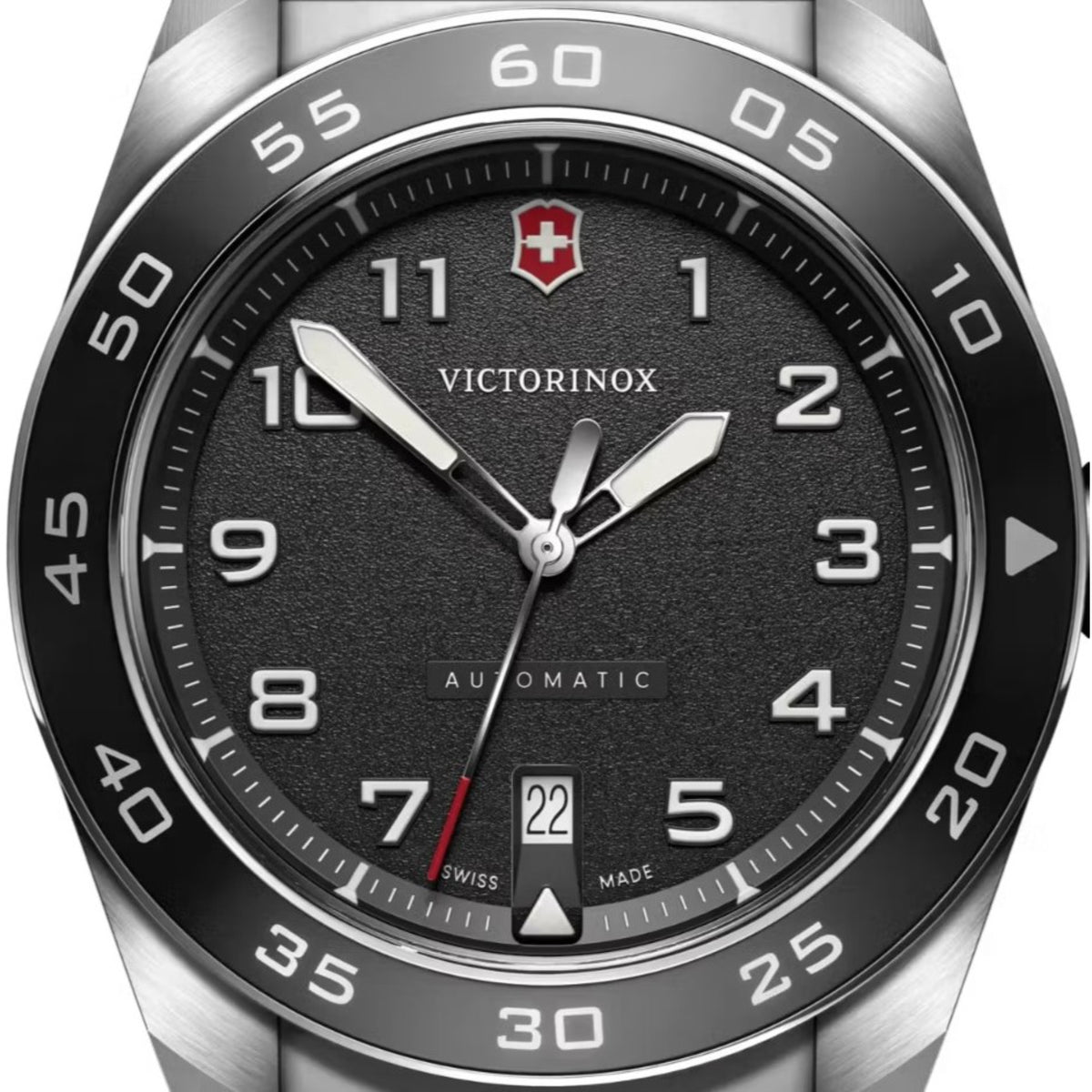 Victorinox Swiss Army automatic watch with black dial, silver hands, date window, leather strap