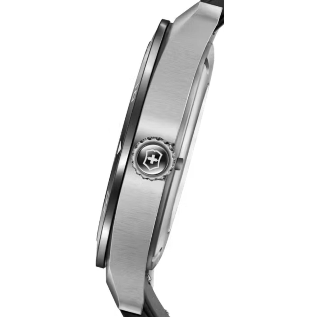 Victorinox Swiss Army watch side profile with stainless case and crown detail
