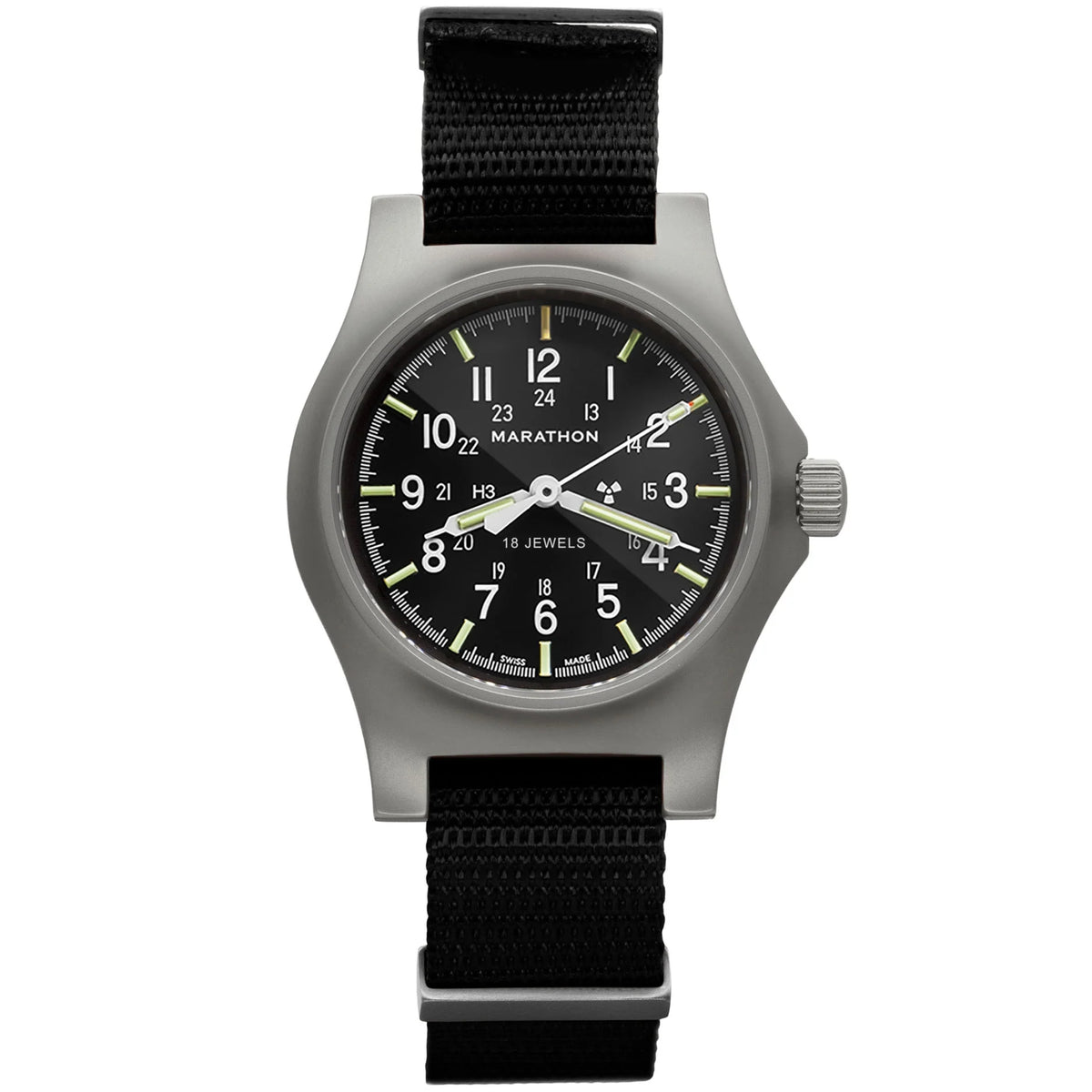 Front view of Marathon General Purpose Field WW194003SS-0108 mens analogue watch with black dial and black strap