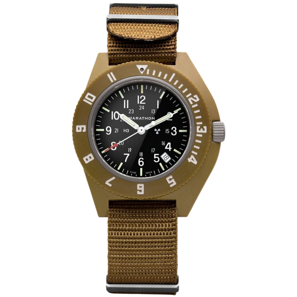 Marathon Navigator WW194013DT-0102 mens quartz watch showing black dial and tan strap on white background