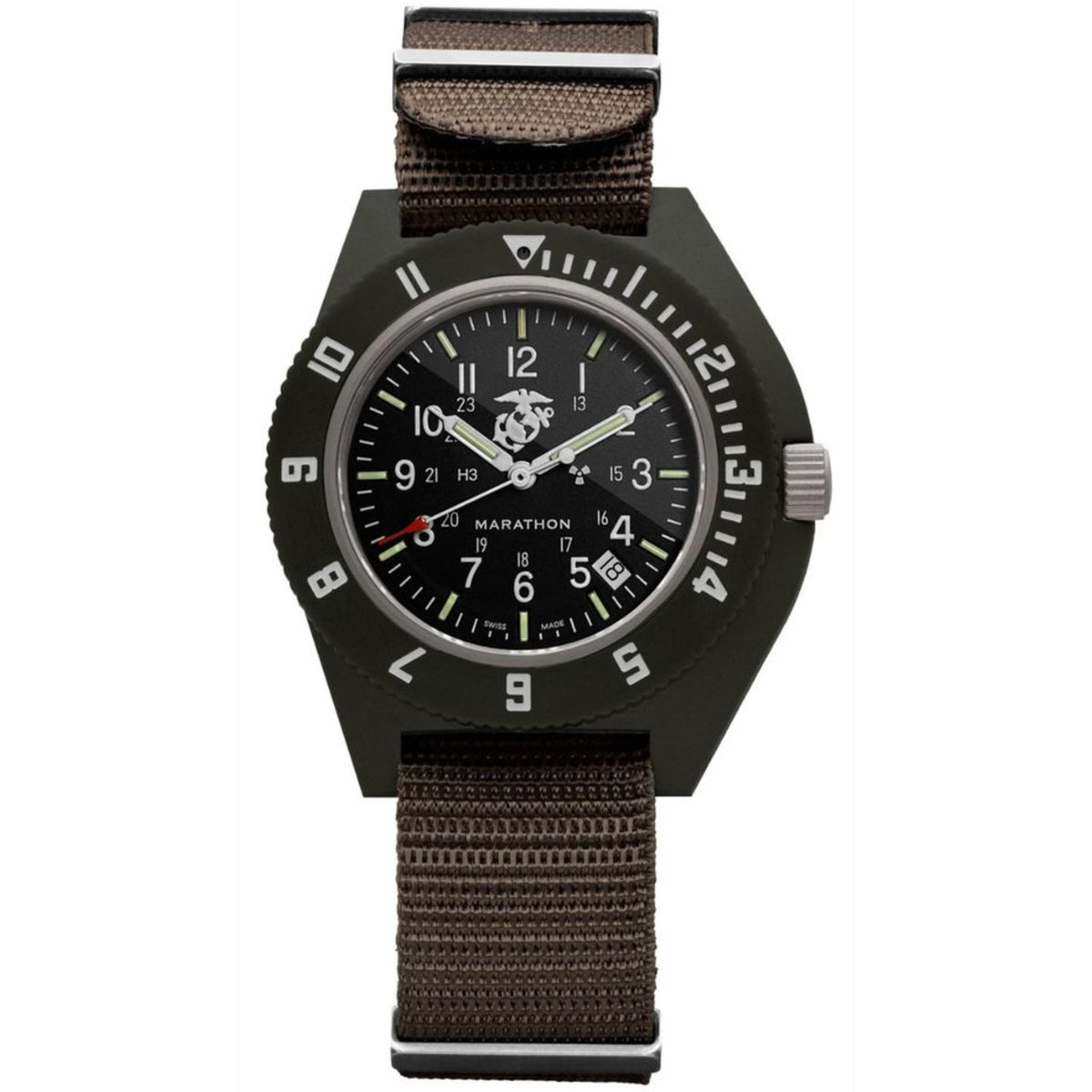 Marathon Navigator WW194013SG-0202 quartz watch showing black dial and sage green strap on plain background