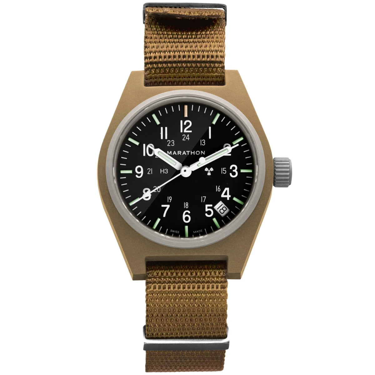 Marathon General Purpose Field WW194015DT-0103 mens quartz watch showing black dial with desert tan case and strap on plain background