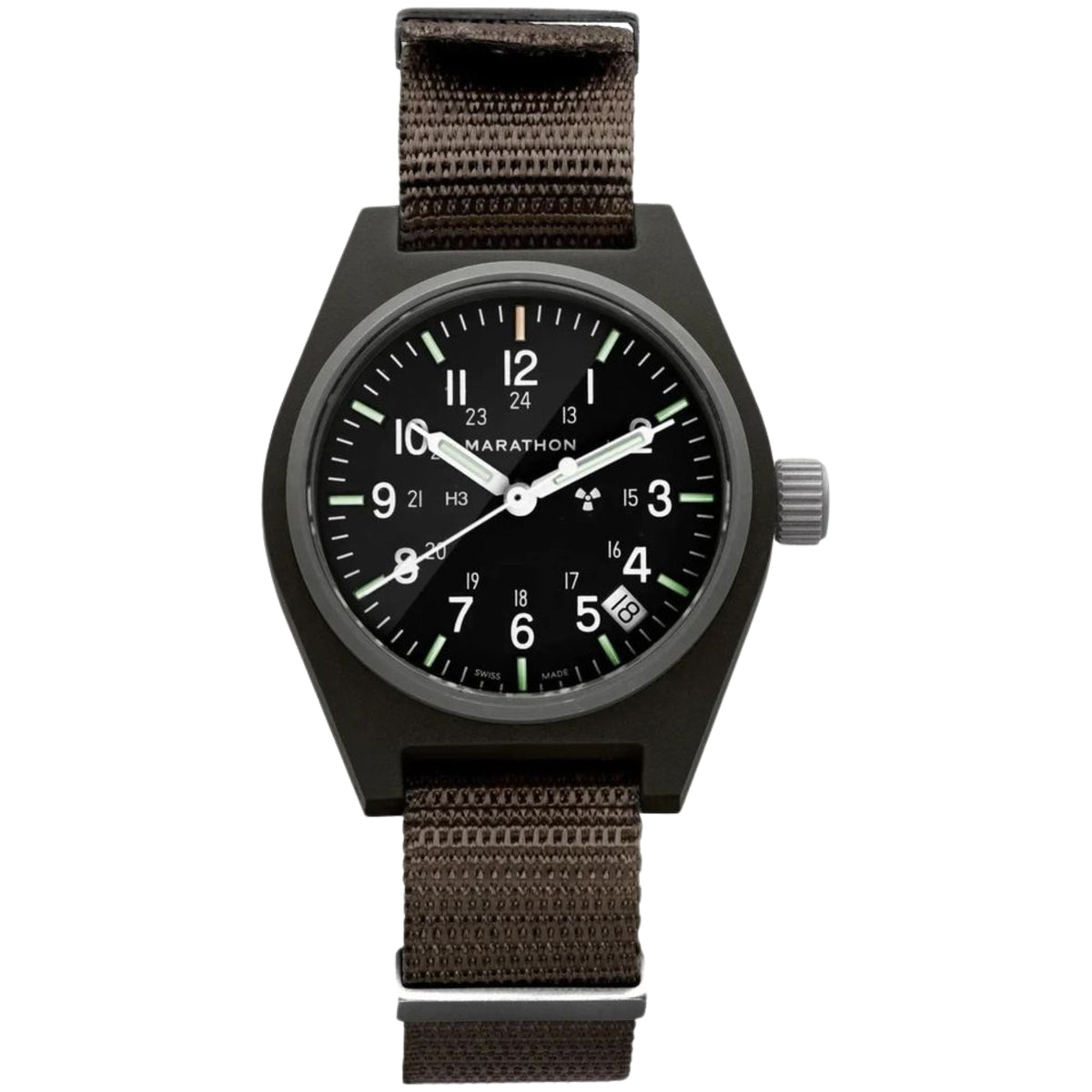 Marathon General Purpose Quartz  WW194015SG-0103 men's field watch showing black dial with high-impact composite fibreshell case and strap on plain background