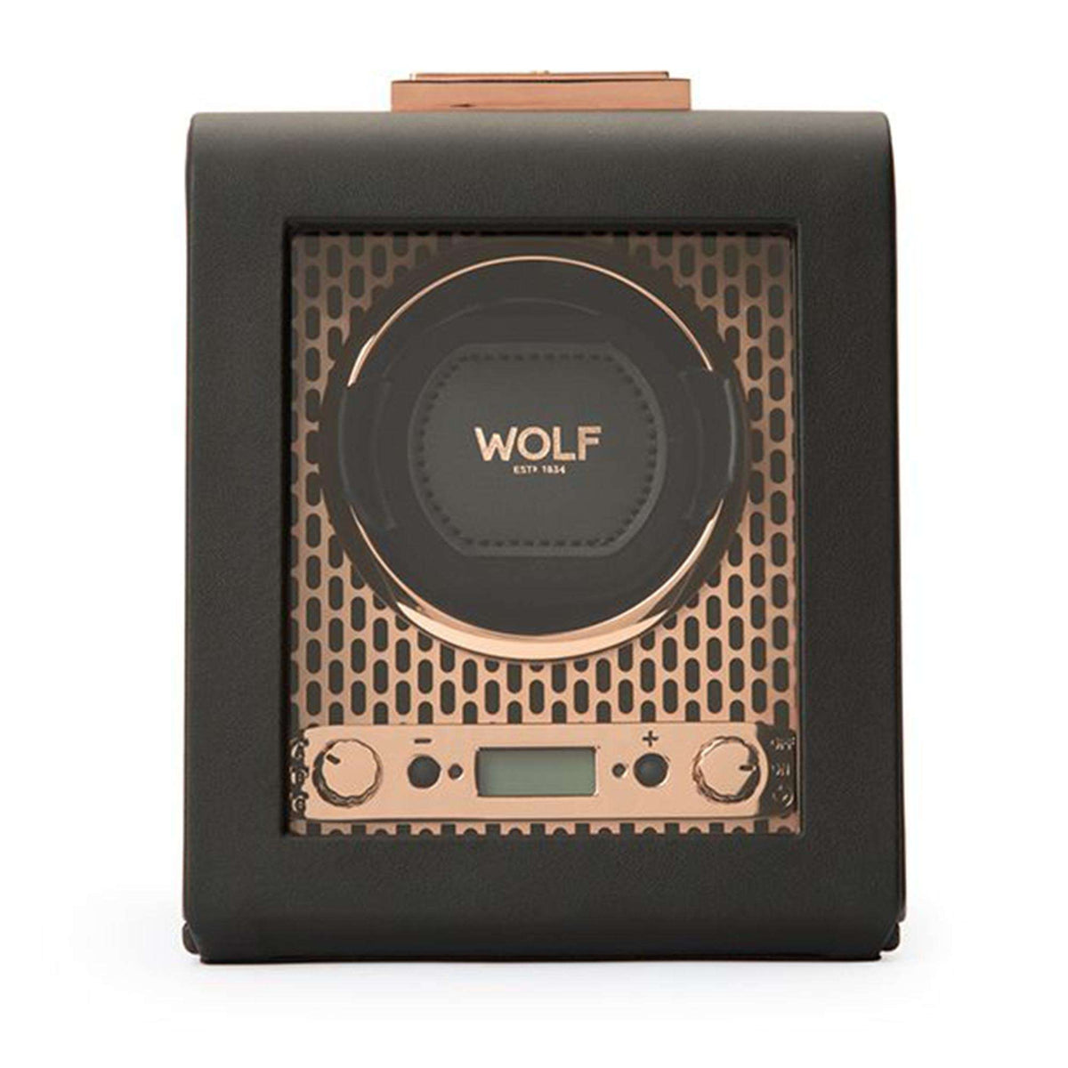 WOLF Axis single watch winder in black with copper dial and display window
