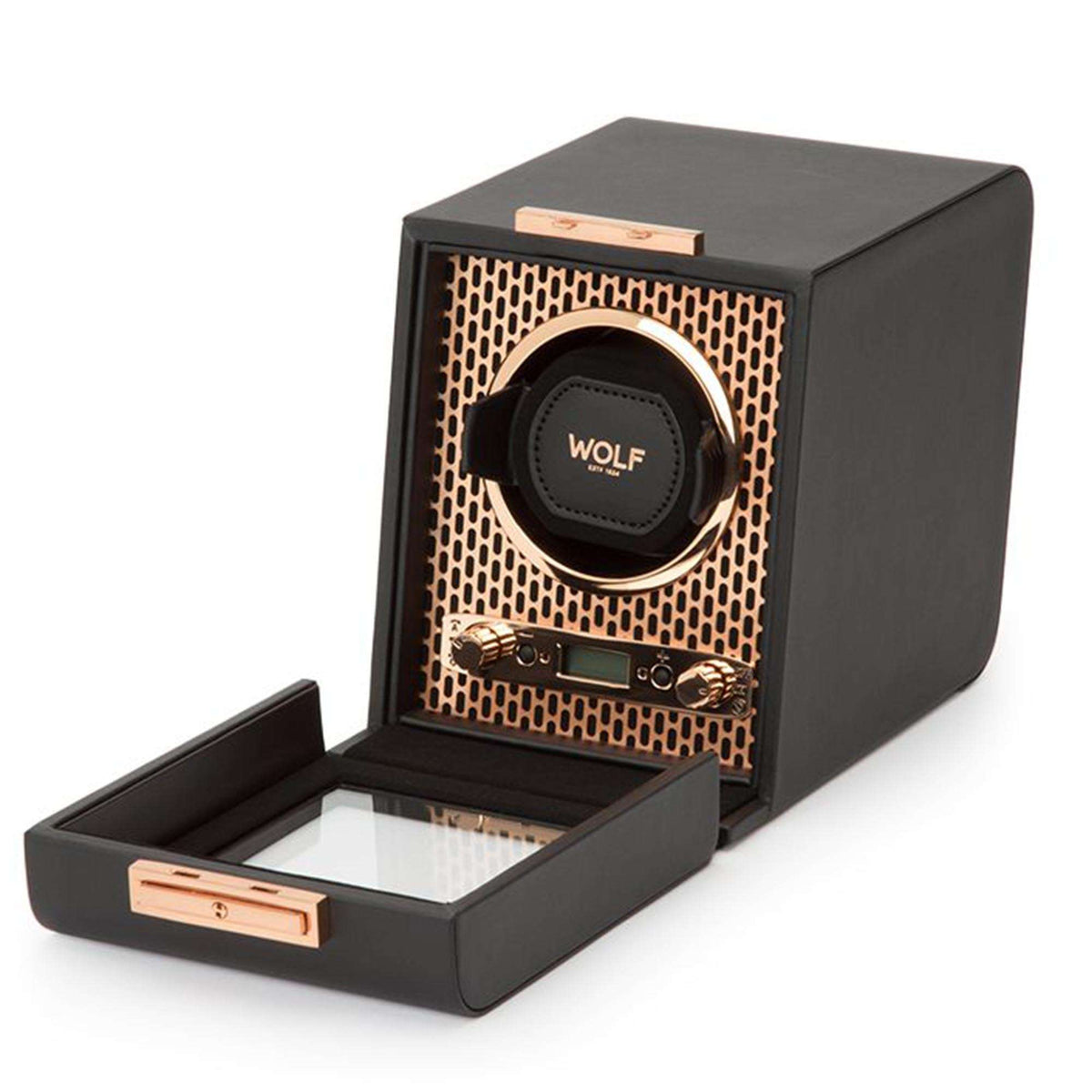 Single watch winder open with black cradle and copper patterned front panel