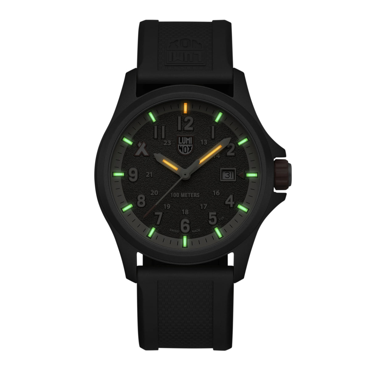 Self-powered night illumination display on the dark face of the Luminox Bear Grylls Survival XB.3716 tactical watch