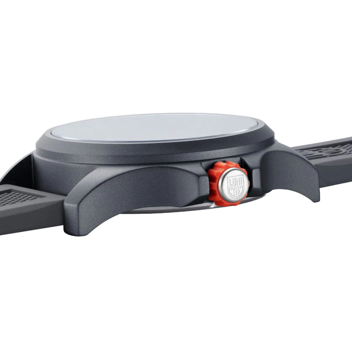 Side profile view highlighting the matte grey casing and bright orange branded crown of the Luminox Bear Grylls Survival XB.3716