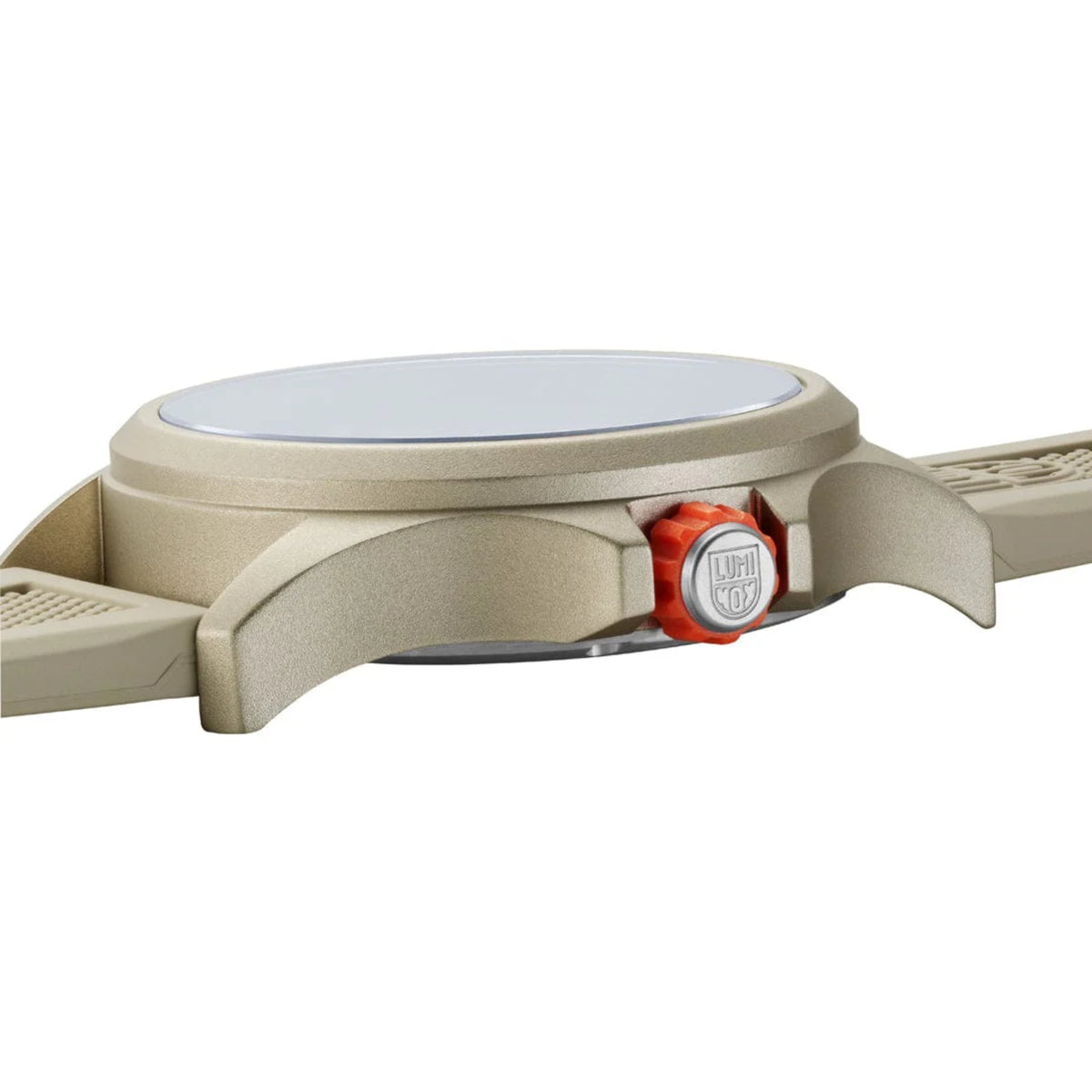 Side profile view highlighting the beige watch casing, low-profile glass, and bright orange adjustment crown of the Luminox Bear Grylls Survival XB.3717