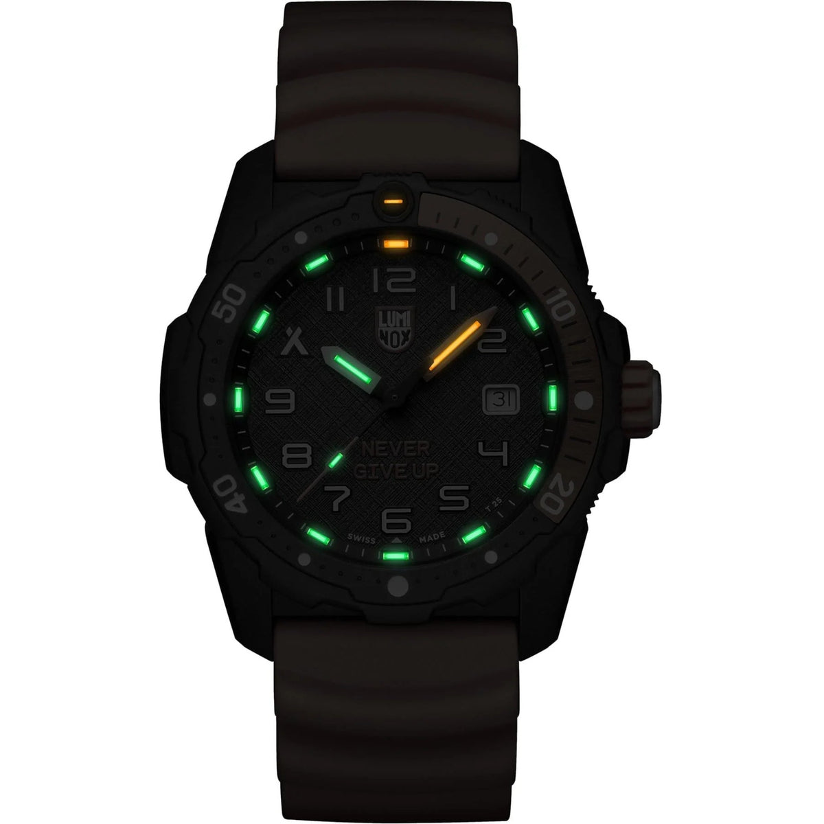 Men's quartz dive watch with black rubber strap and black dial with green markers