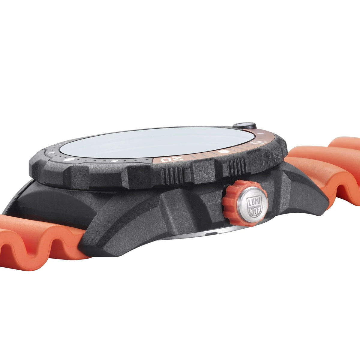 Men's quartz watch side view with orange rubber strap and rugged black bezel