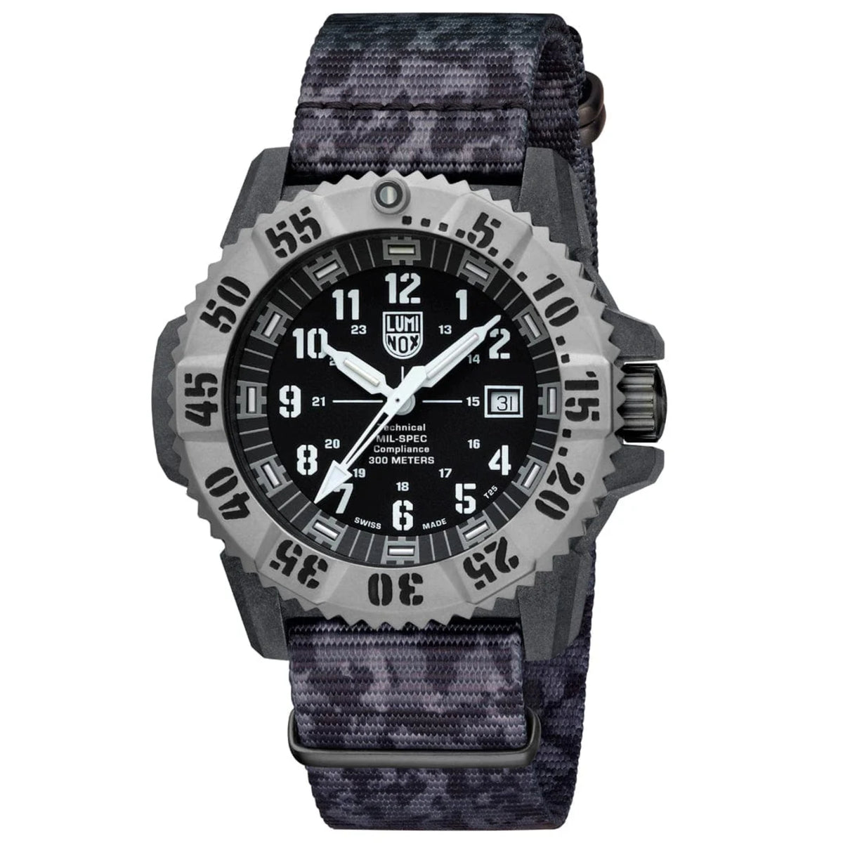 Black-and-gray patterned fabric strap watch with silver case and black dial