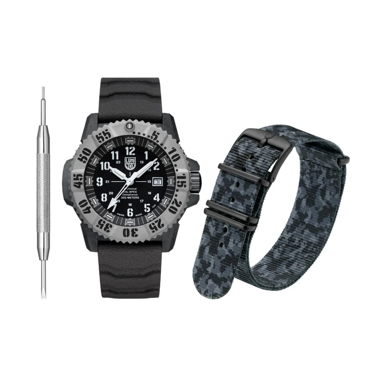 Men’s black rubber watch with matching patterned spare strap and quick-change buckle