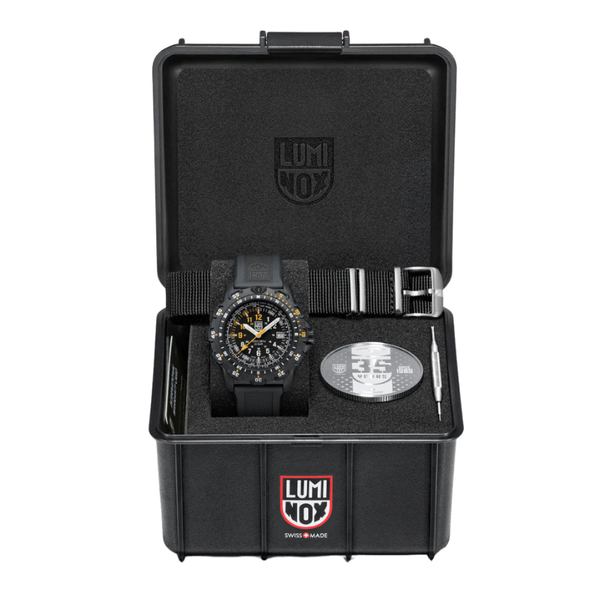 Luminox Recon watch set in a black display case with strap and accessories