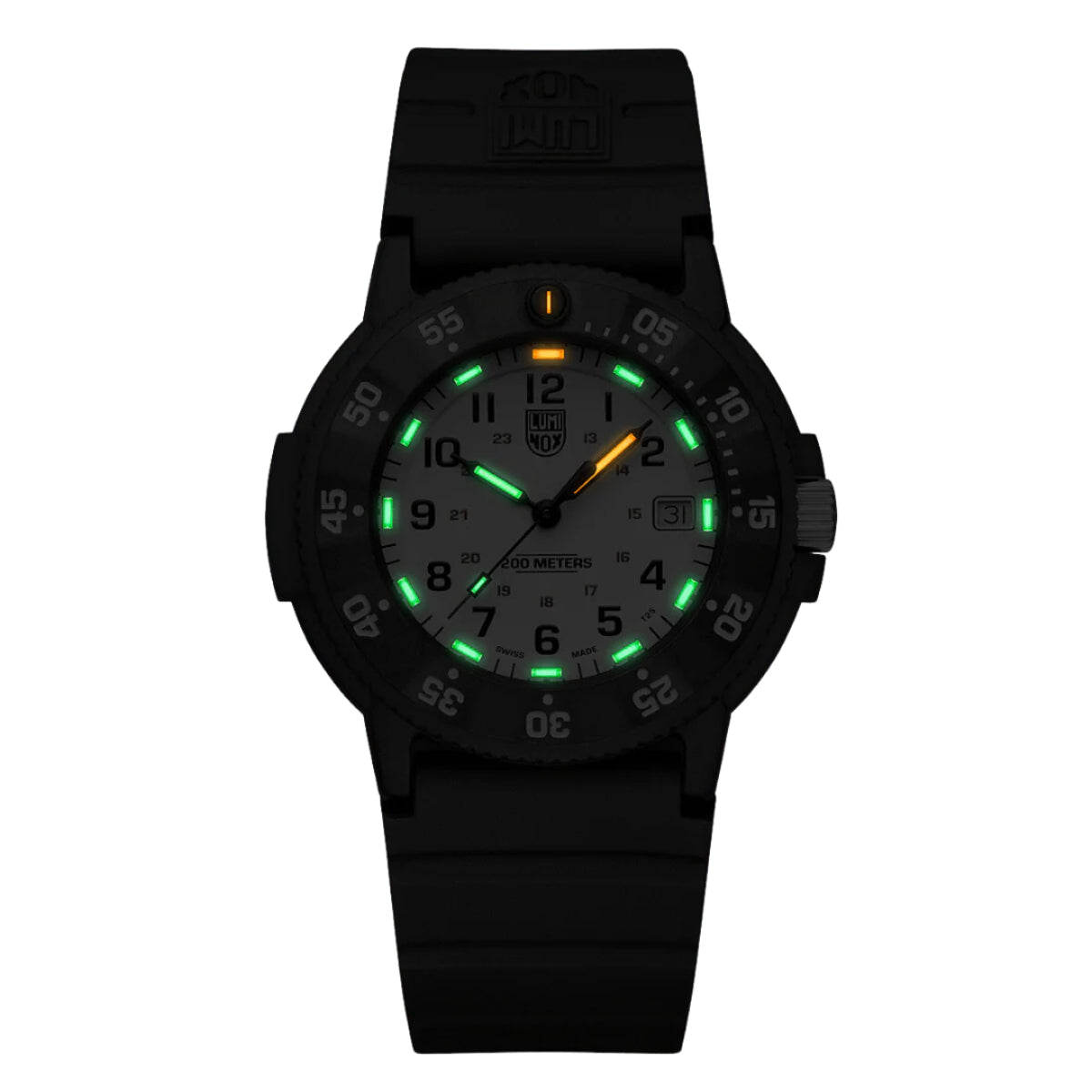 Luminox rubber quartz watch with dark dial and green luminous hour markers