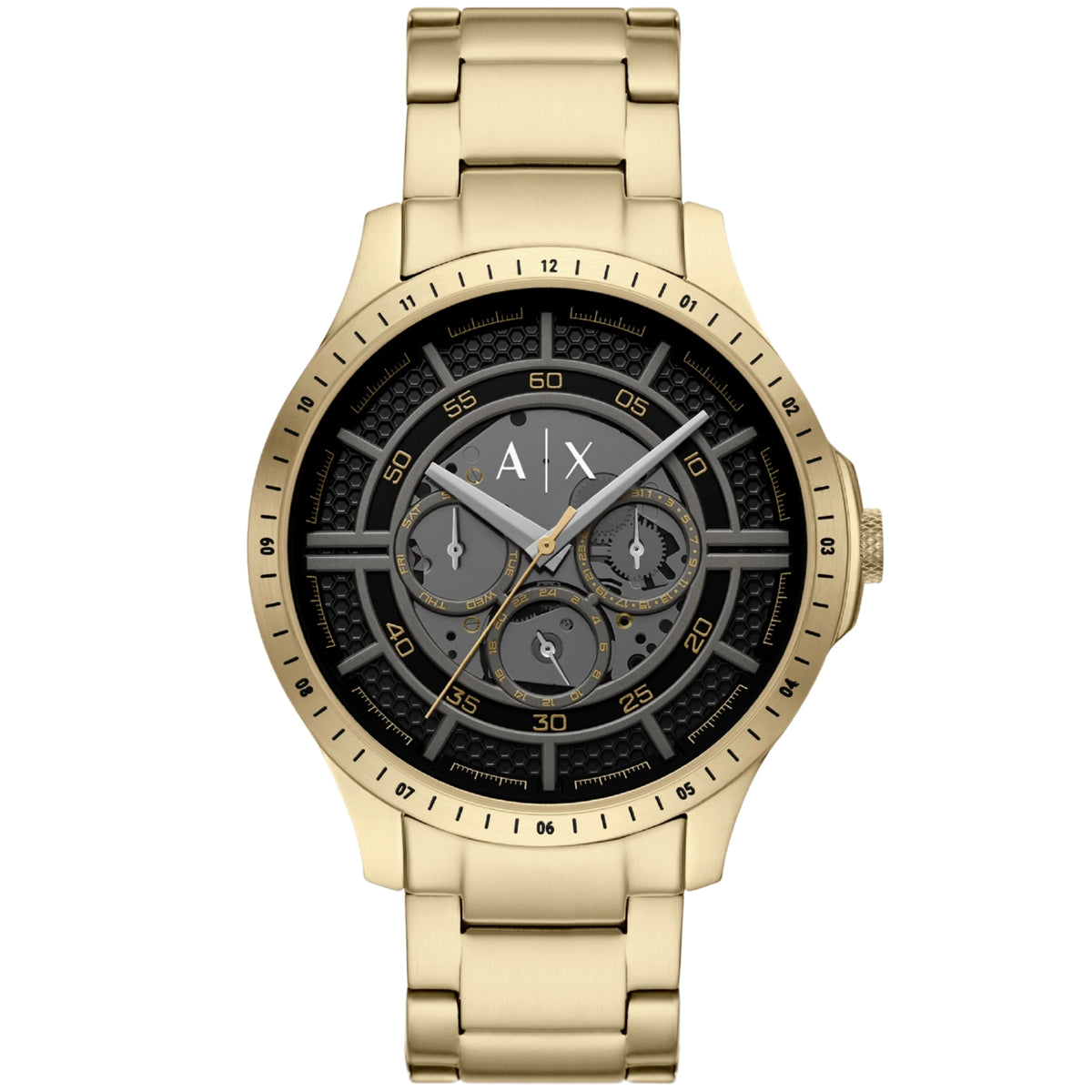 Armani Exchange Hampton AX2461 front view showing black dial with yellow gold-tone steel bracelet and sub-dials
