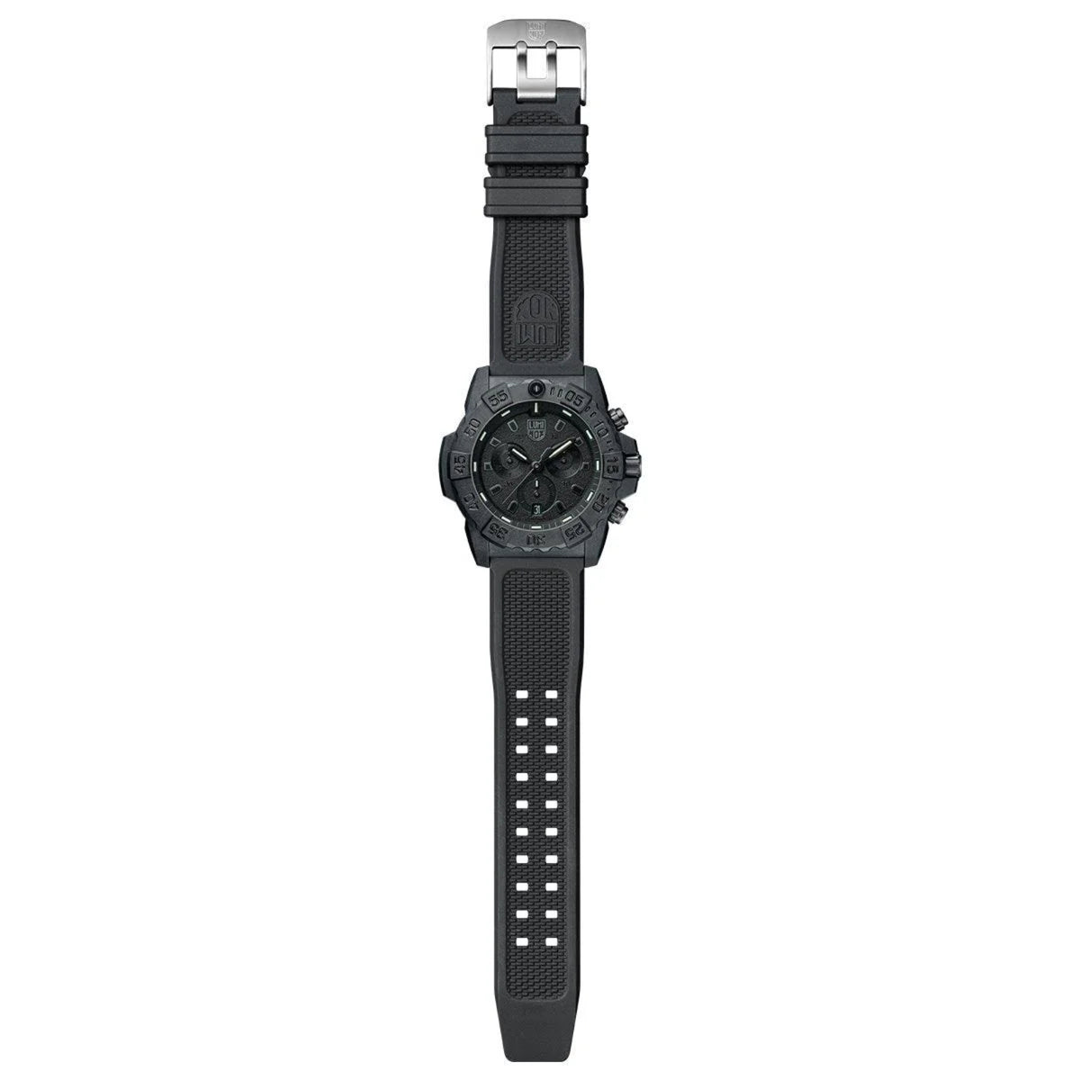 Full flat-lay view of the blackout Luminox Navy SEAL XS.3581.BO quartz watch with its perforated rubber strap fully extended