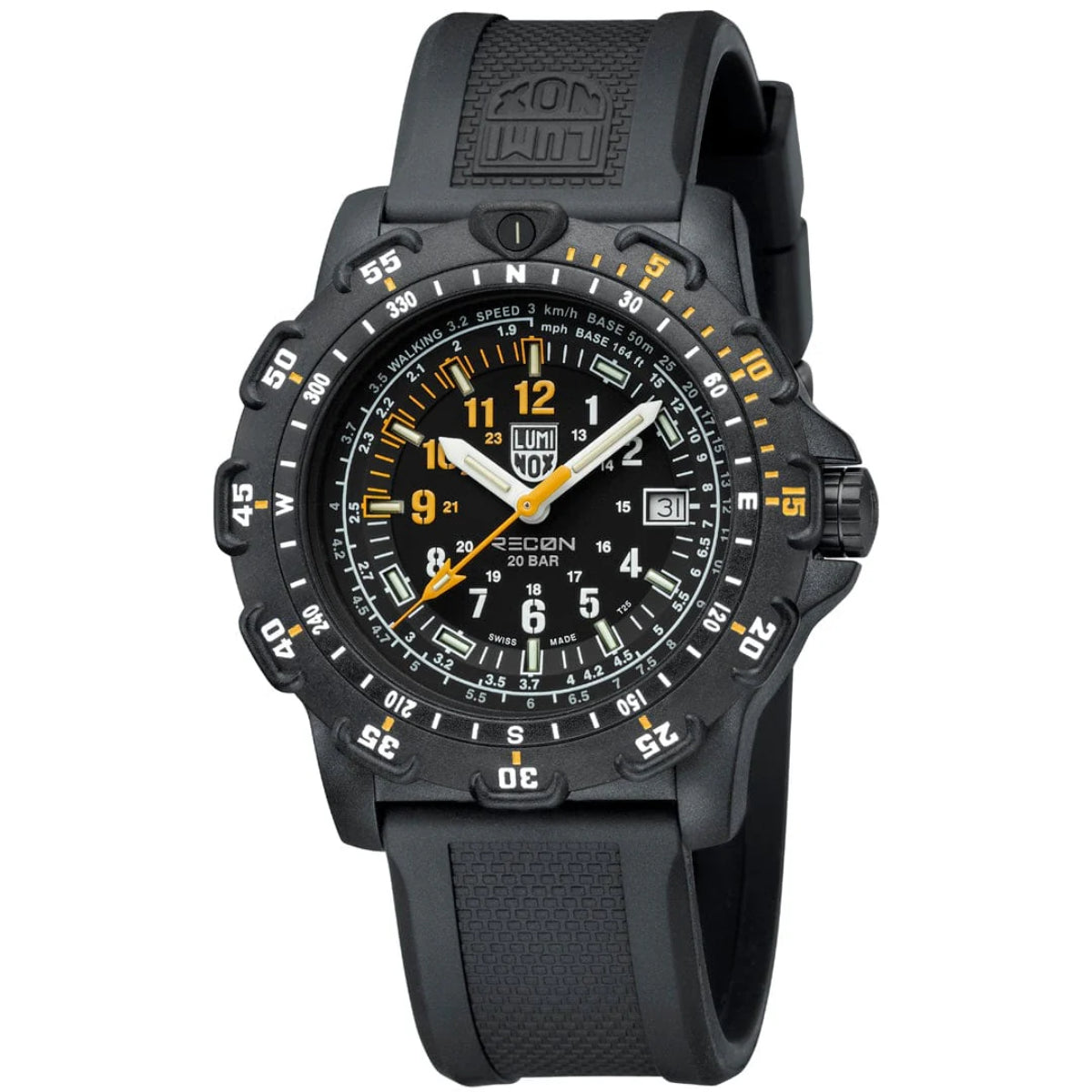 Luminox Recon 45mm quartz watch front view with black dial, orange markers, black strap