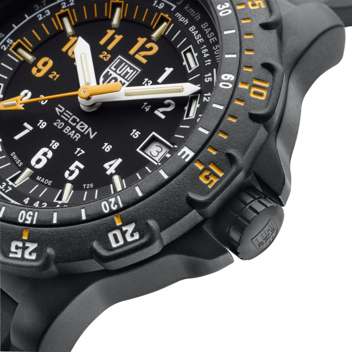 Luminox Recon watch bezel and dial close-up with orange “G” markers and date window