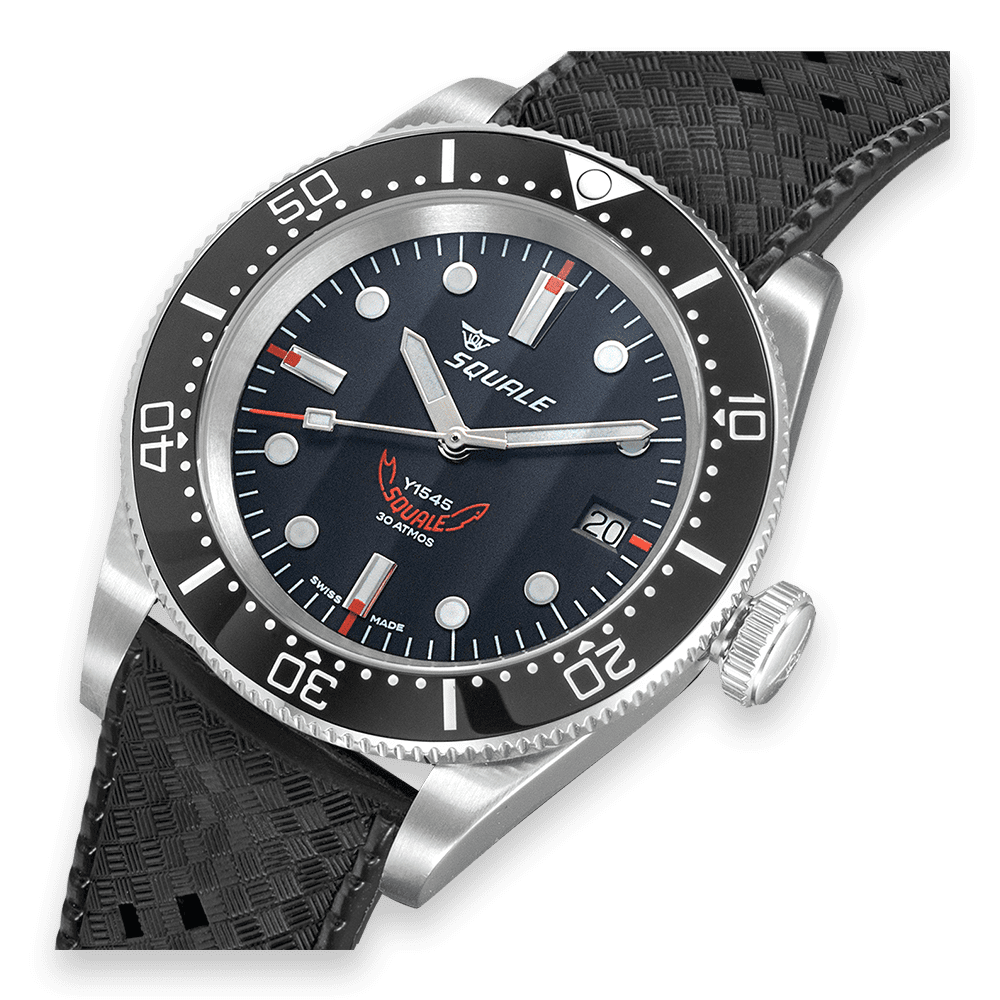 Men's black dial watch with stainless bezel and black rubber strap