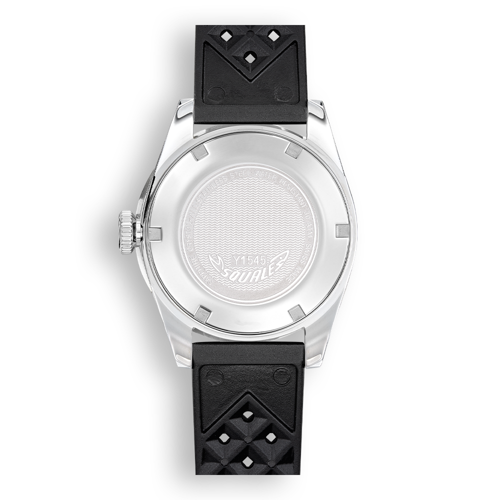 Men's watch caseback with silver case, black rubber strap, and knurled crown
