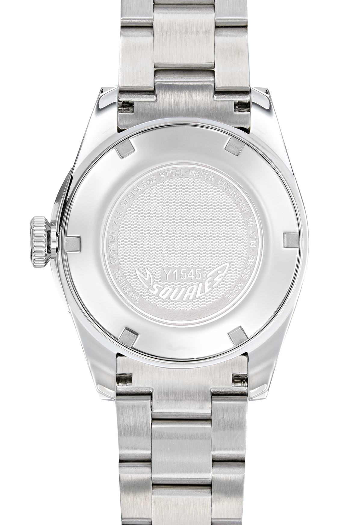 Men's steel wristwatch caseback with engraved seal and linked metal bracelet