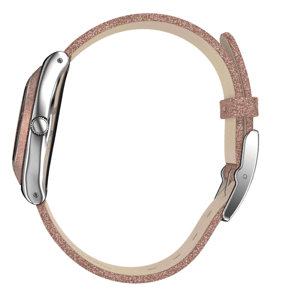 Round rose-pink glitter synthetic strap watch with silver-tone bezel and side crown