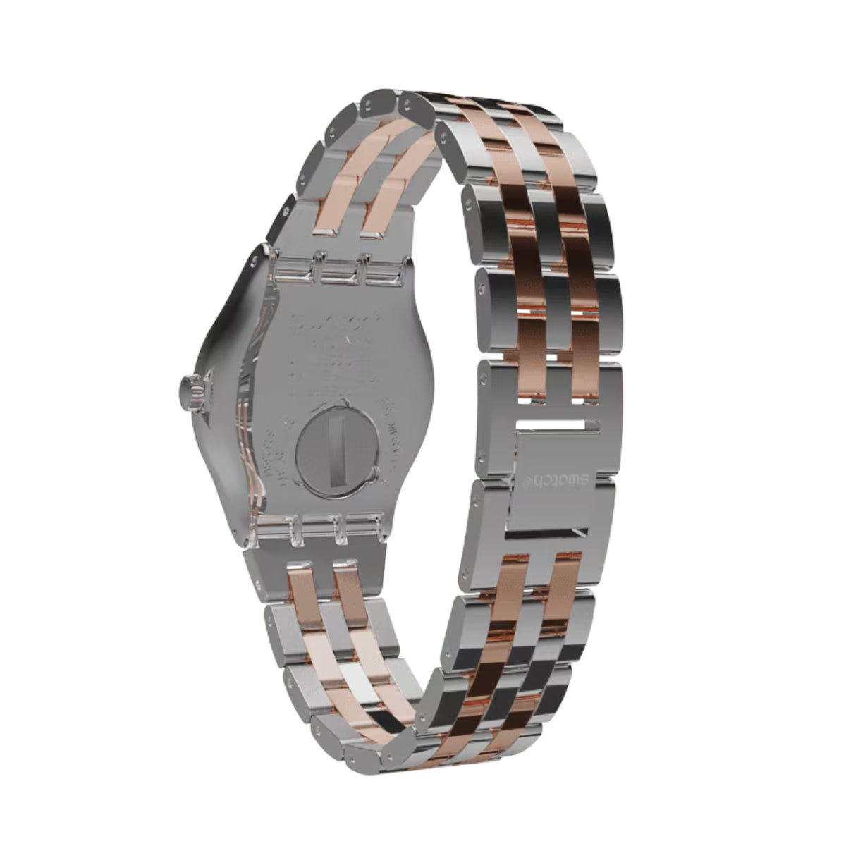 Steel link bracelet watch case back, silver with rose-toned accents