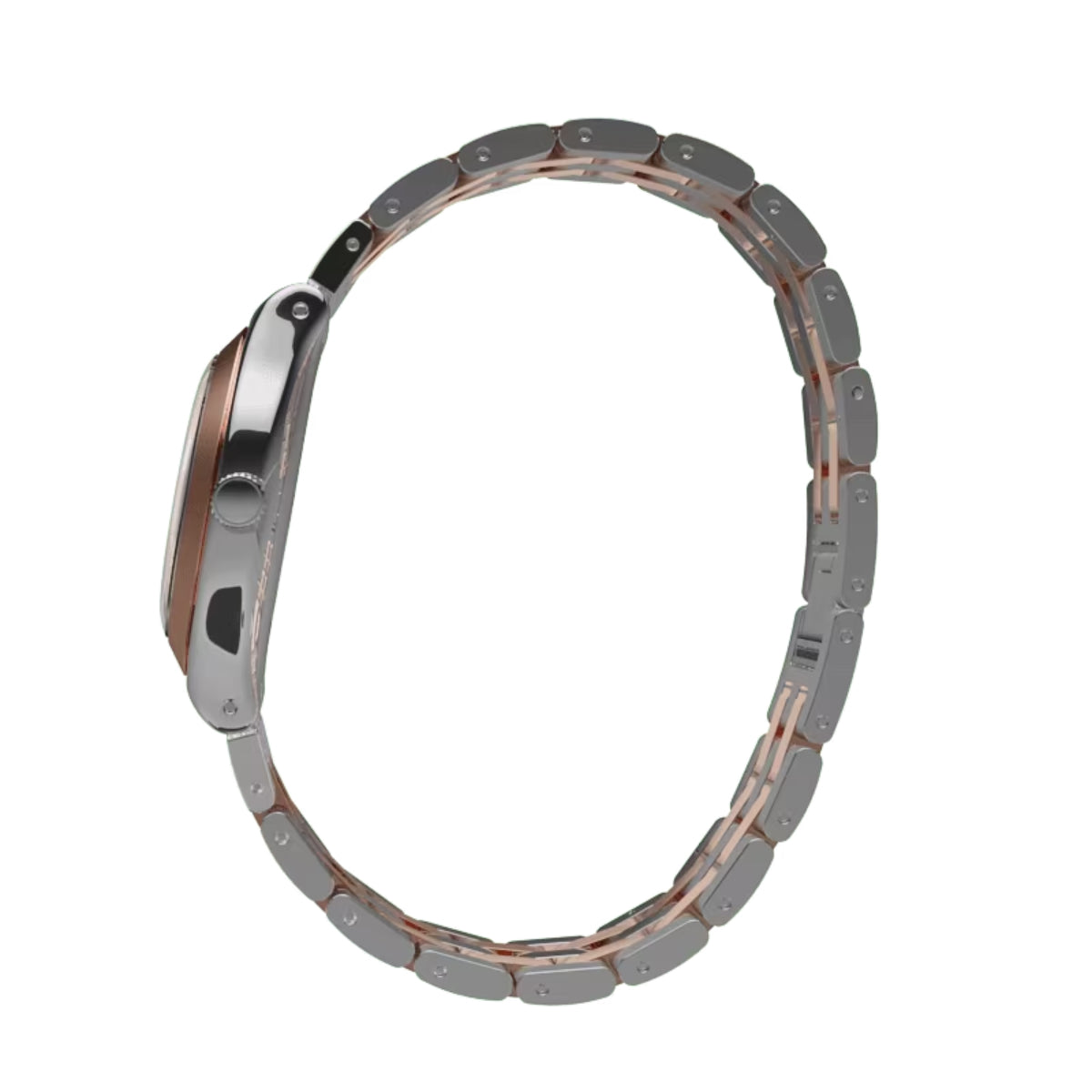 Round steel watch with rose-toned links, side view of crown and case