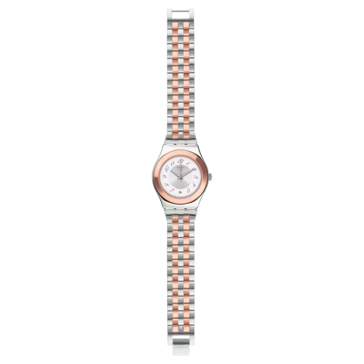Ladies wristwatch with white dial and rose-toned steel link bracelet strap